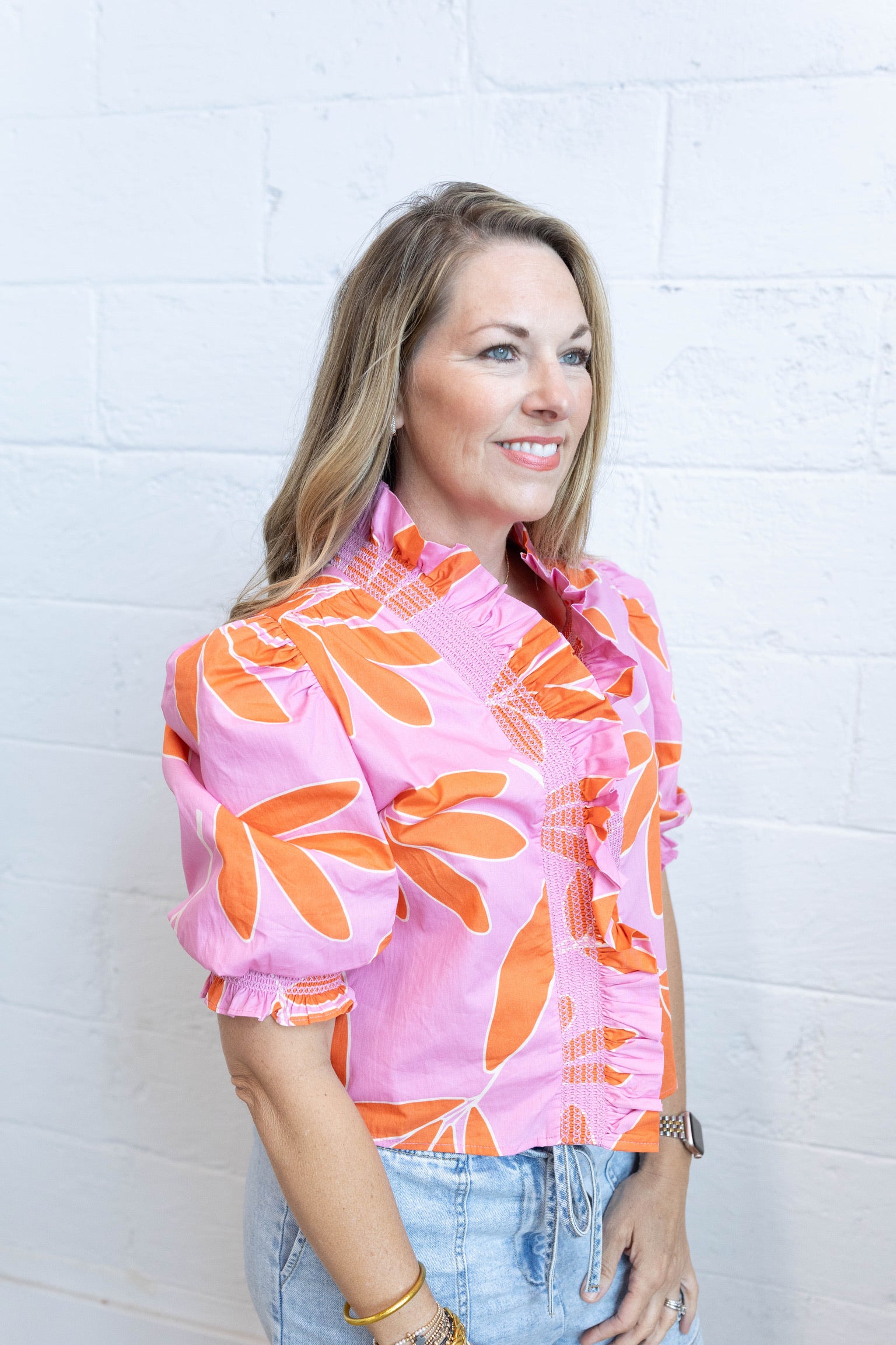 Palm Leaf Floral Ruffle Top