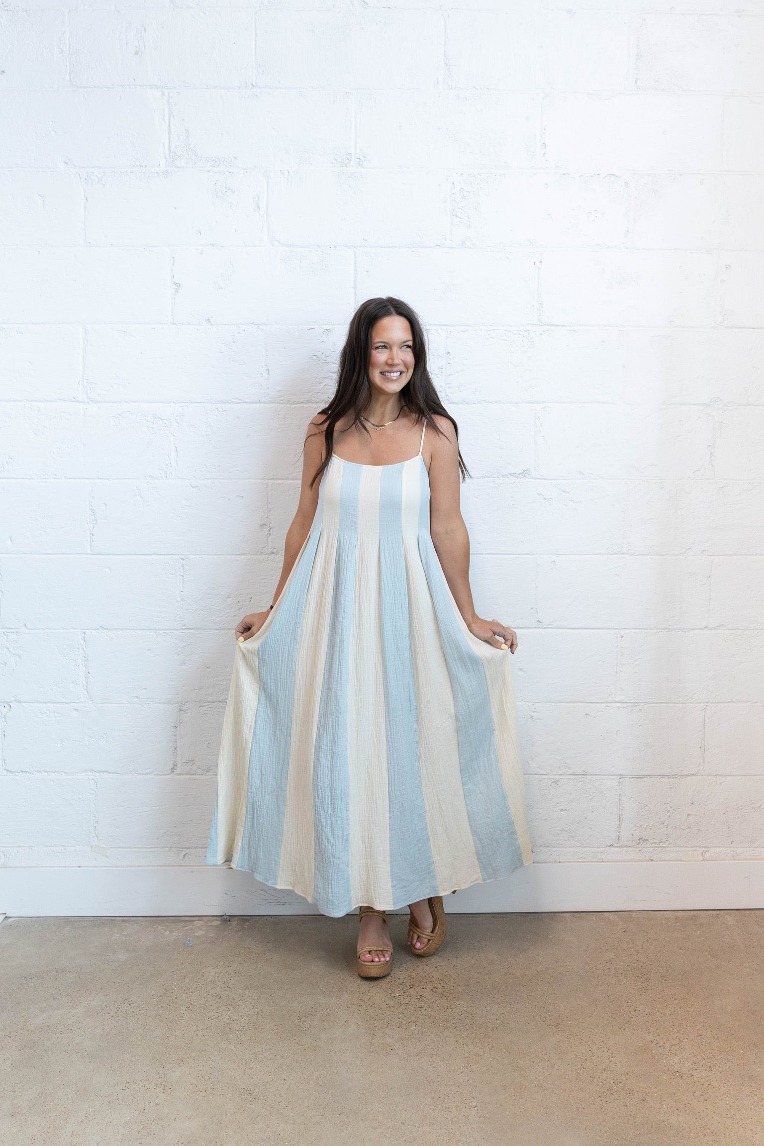 Striped Cami Pintuck Midi Dress