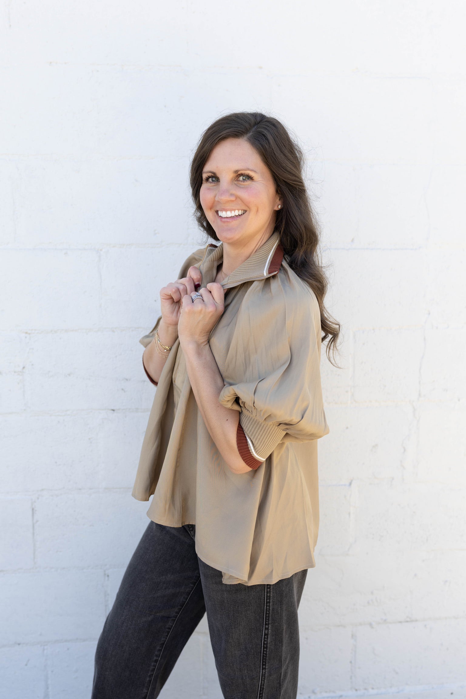 Taupe Stripe Zip Top