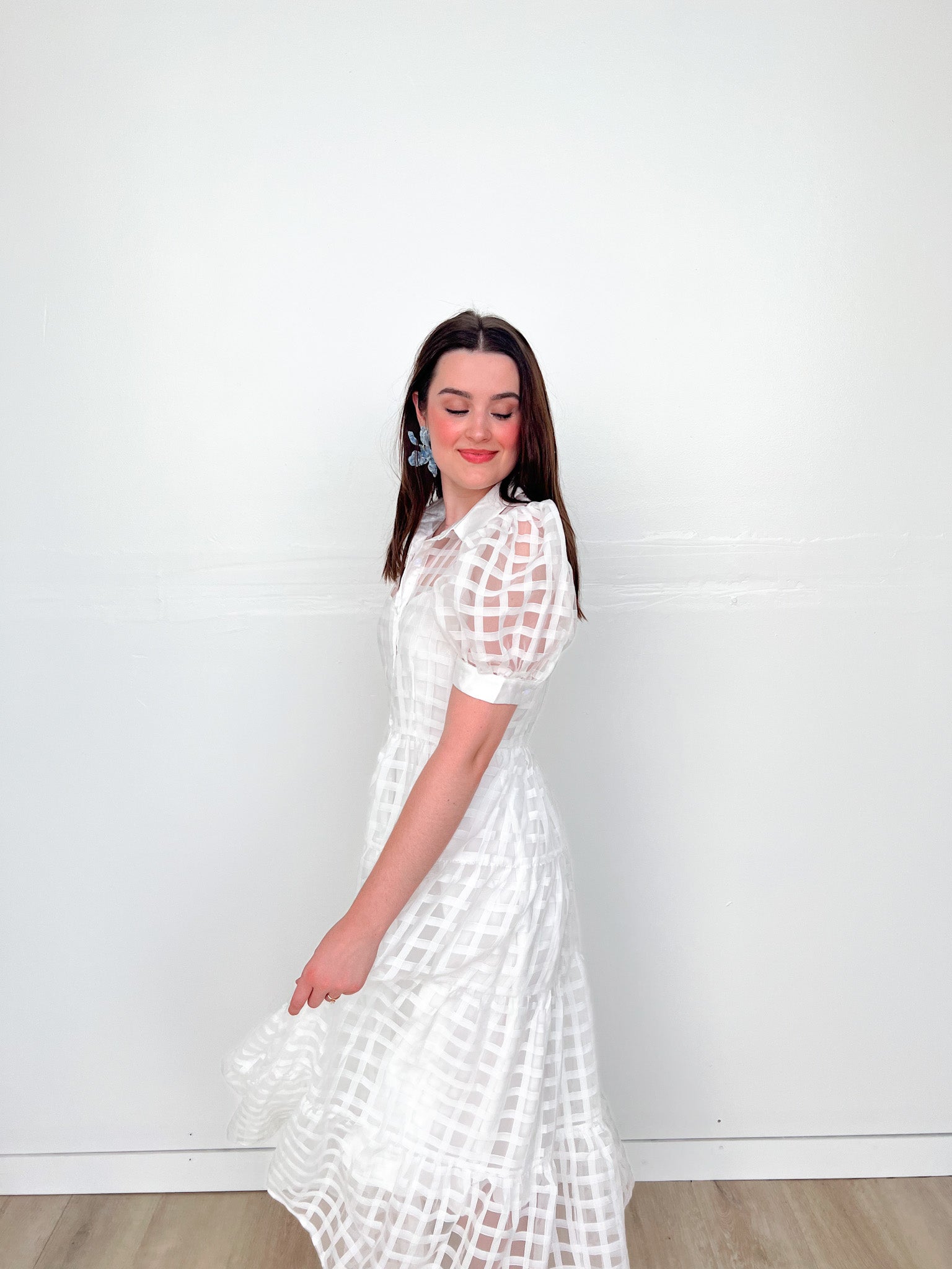 Marlee White Gridded Organza Tiered Maxi Dress