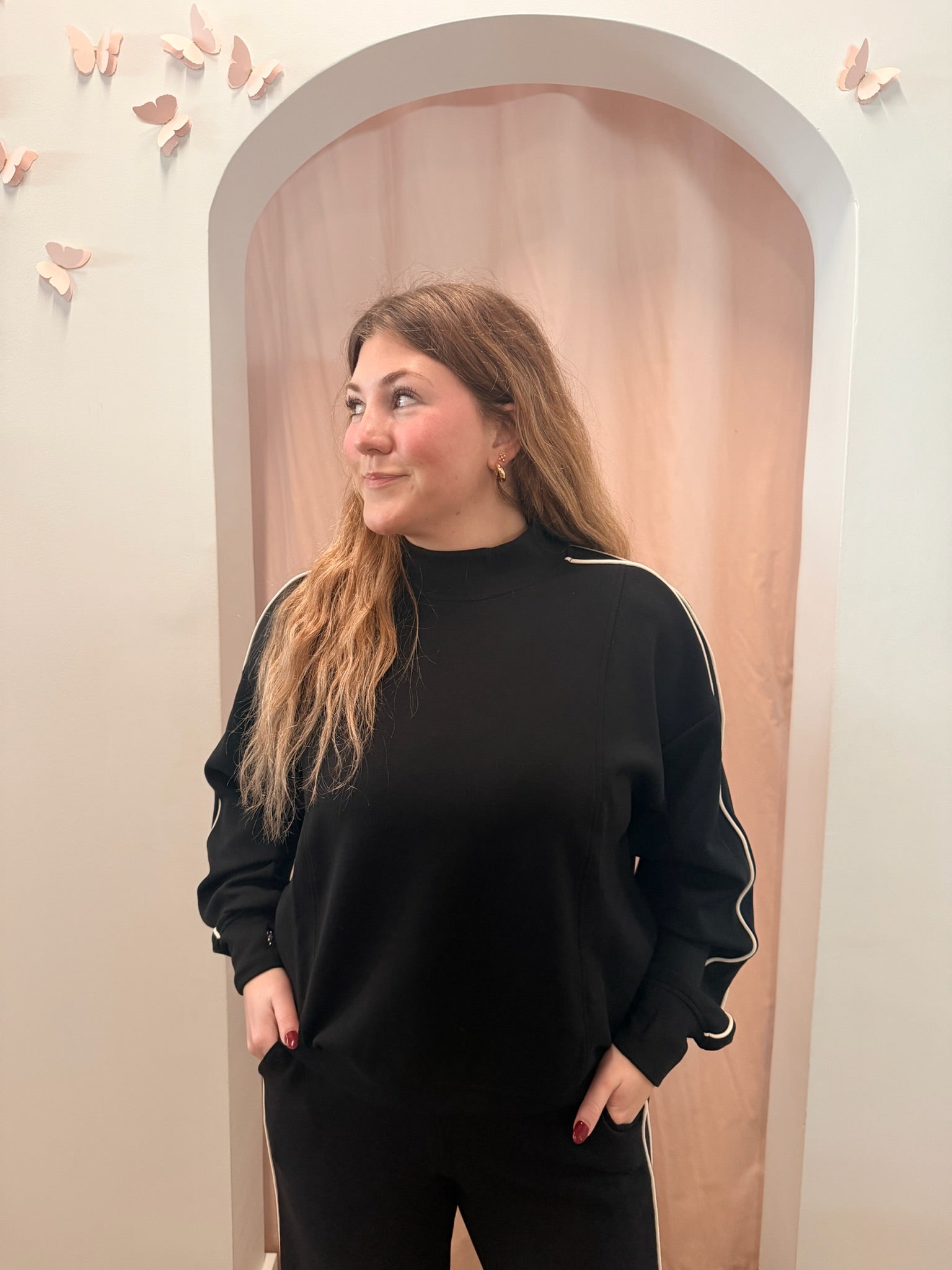 Black Scuba Piping Mock Neck Top