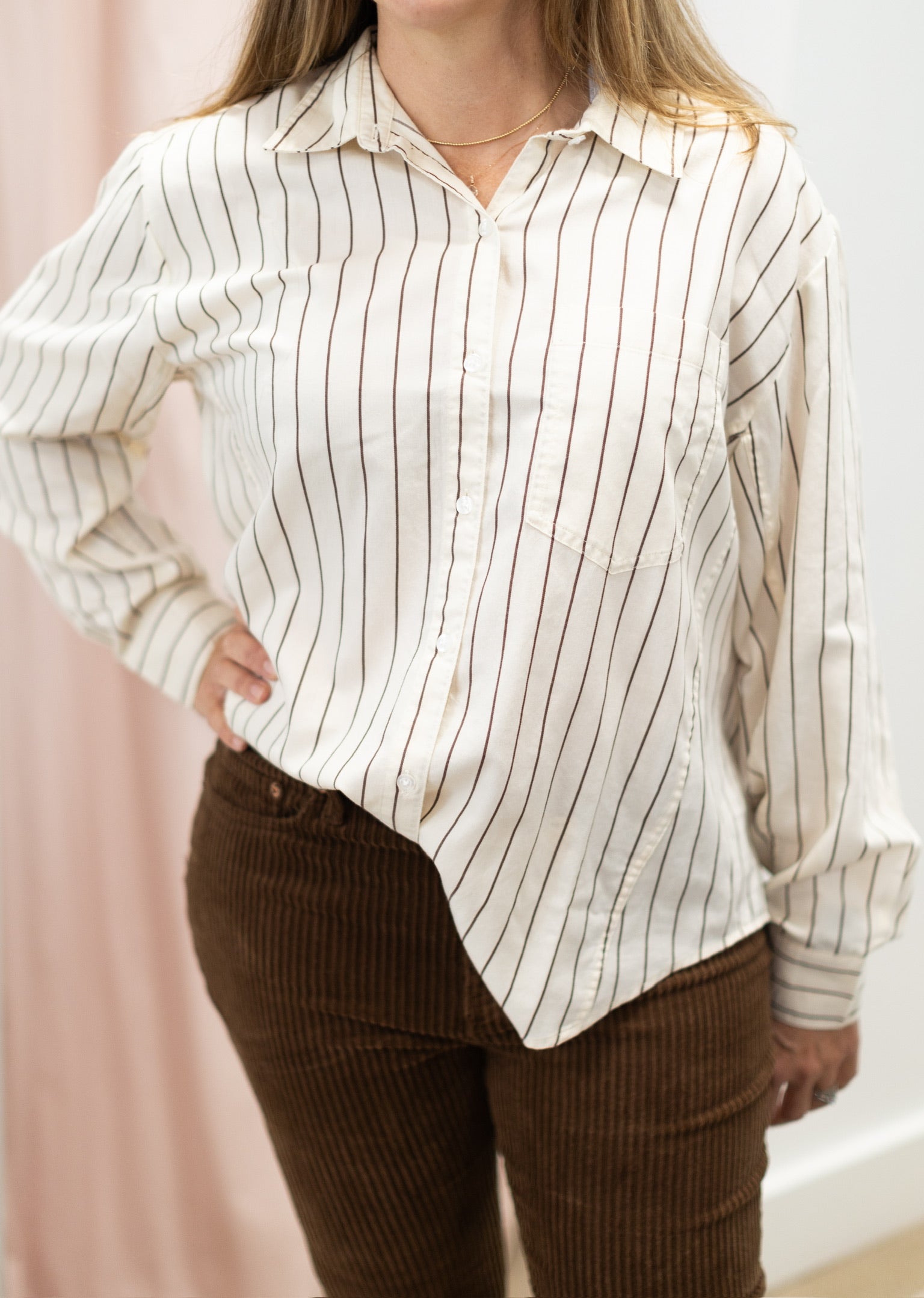 The Boyfriend Button Up, Chocolate Stripe