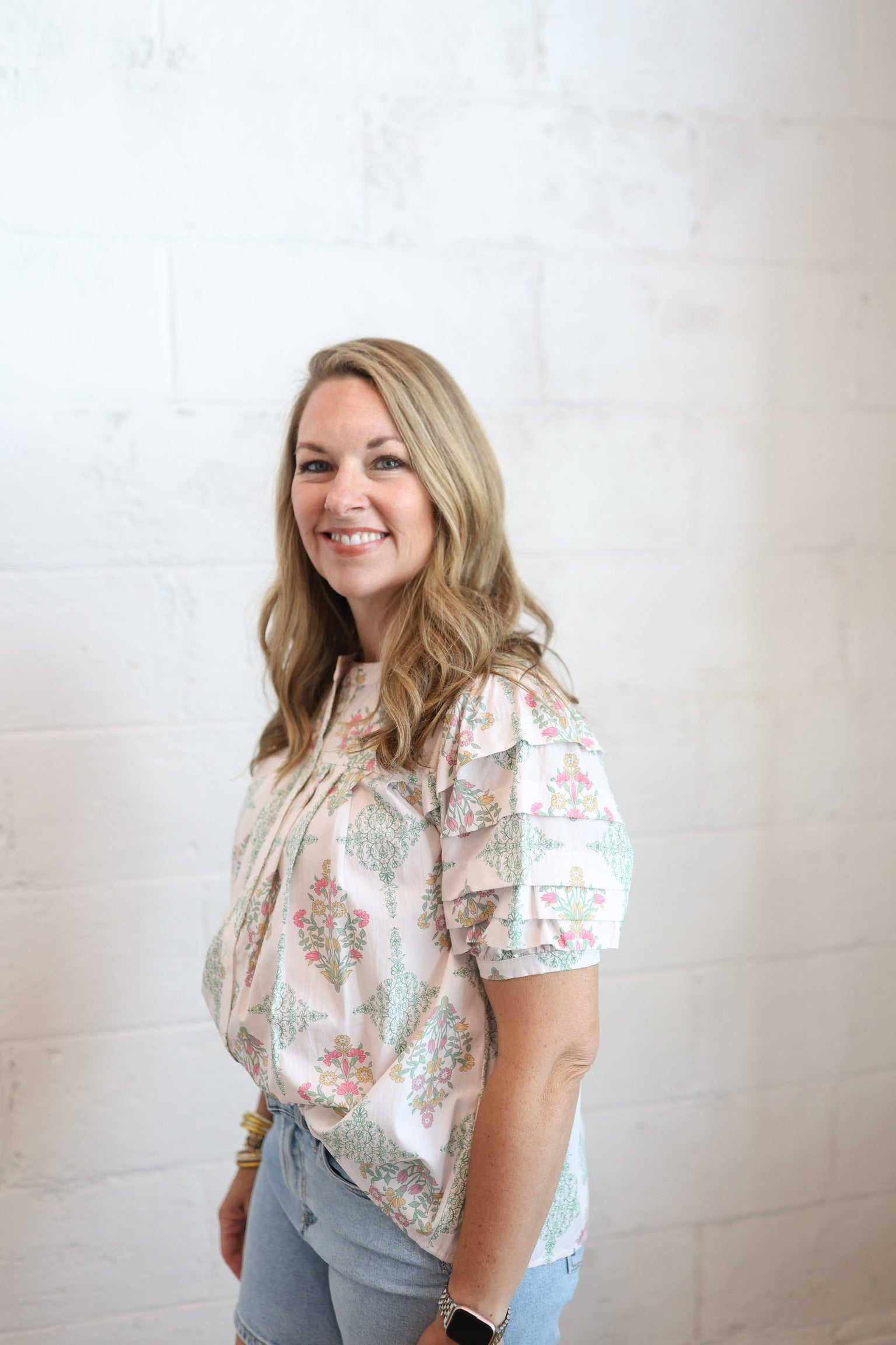 Light Pink Vintage Floral Pleat Top