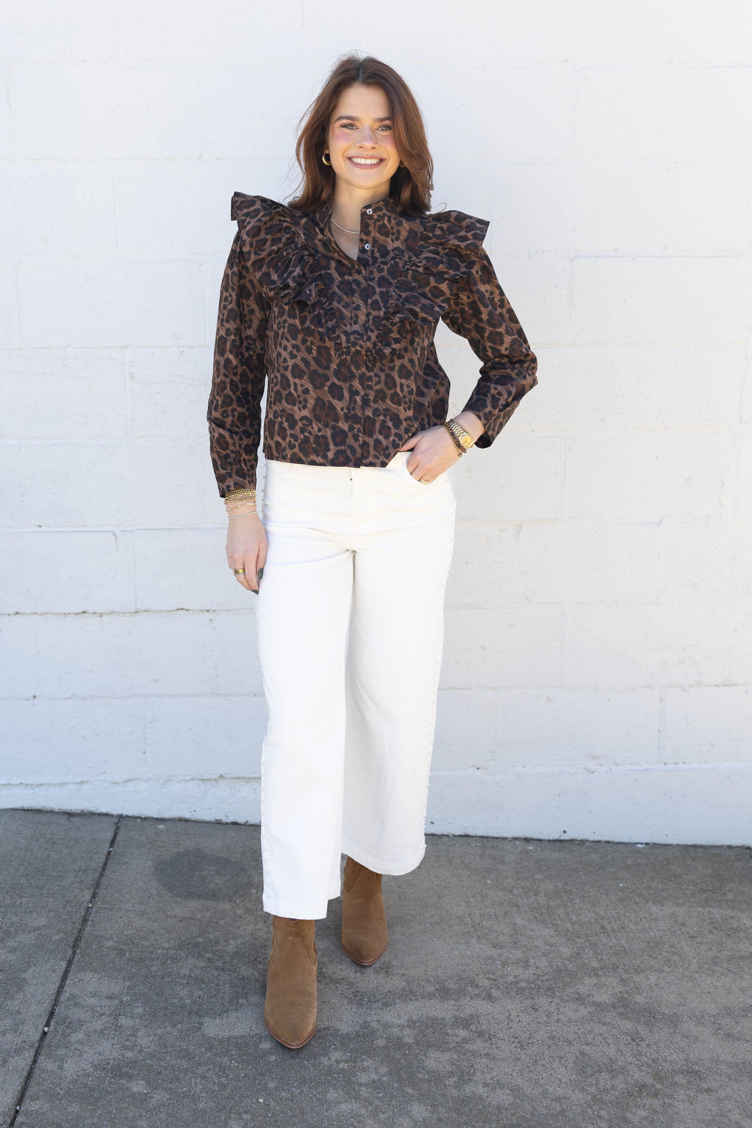 Leopard Ruffle Button Top