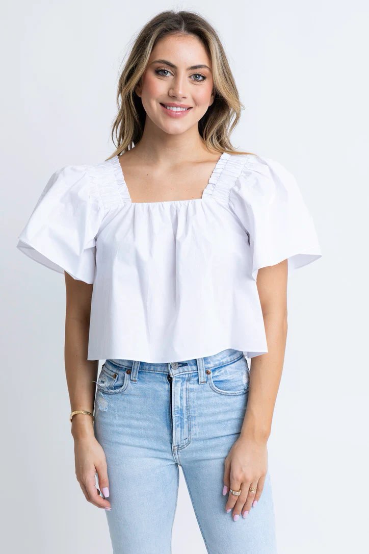 White Poplin Square Neck Top | Karlie