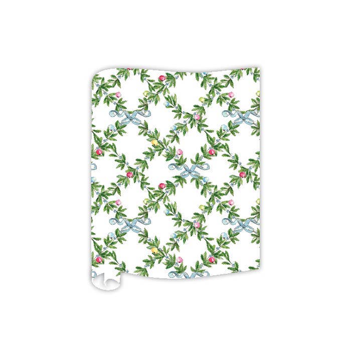 Christmas Greenery Ornaments Blue Bows Table Runner