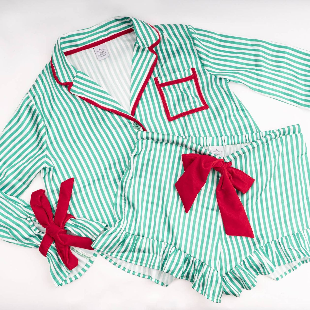 Satin Green Stripe Ruffle Pajama Top