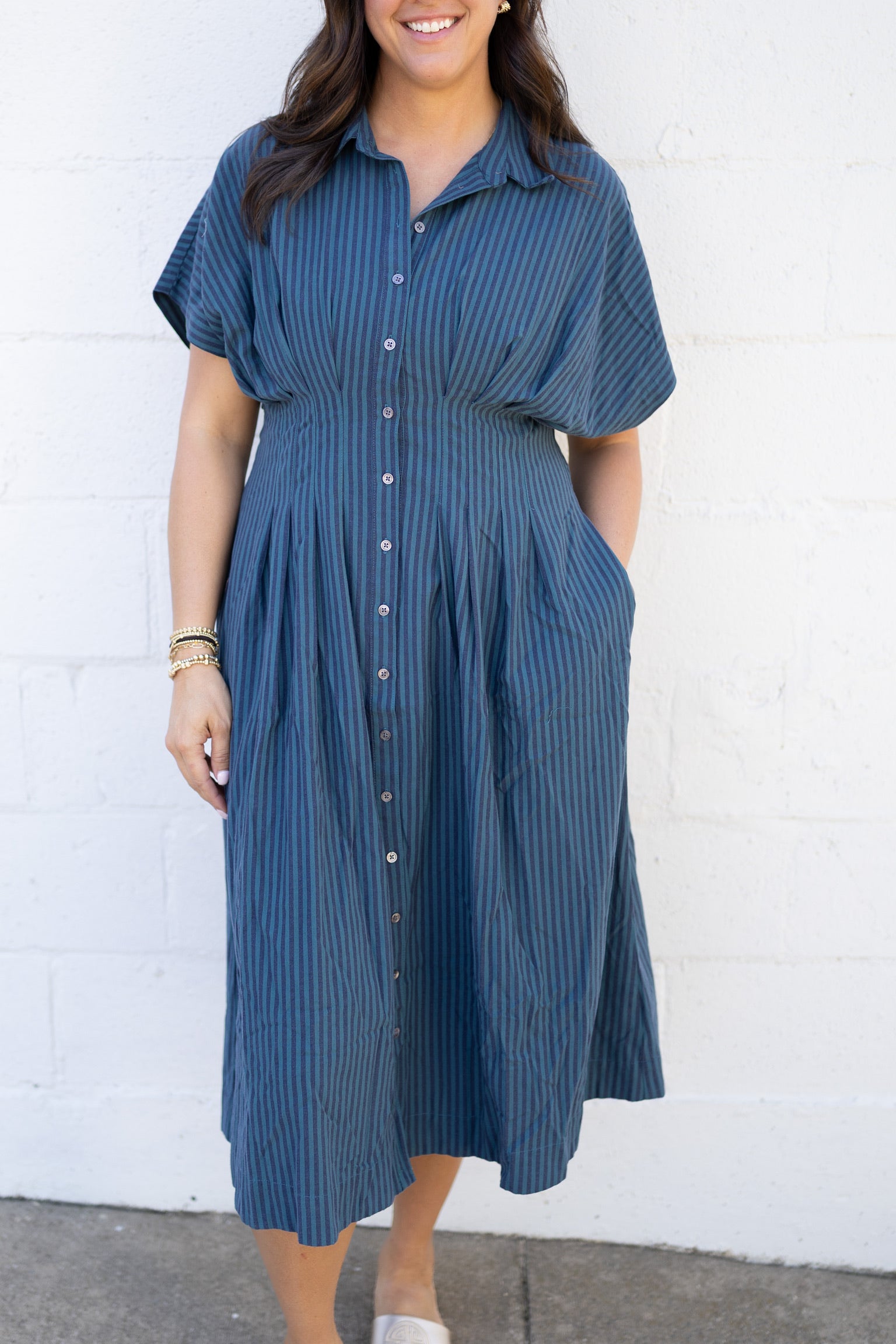 Plisse Pleated Button Up Dress