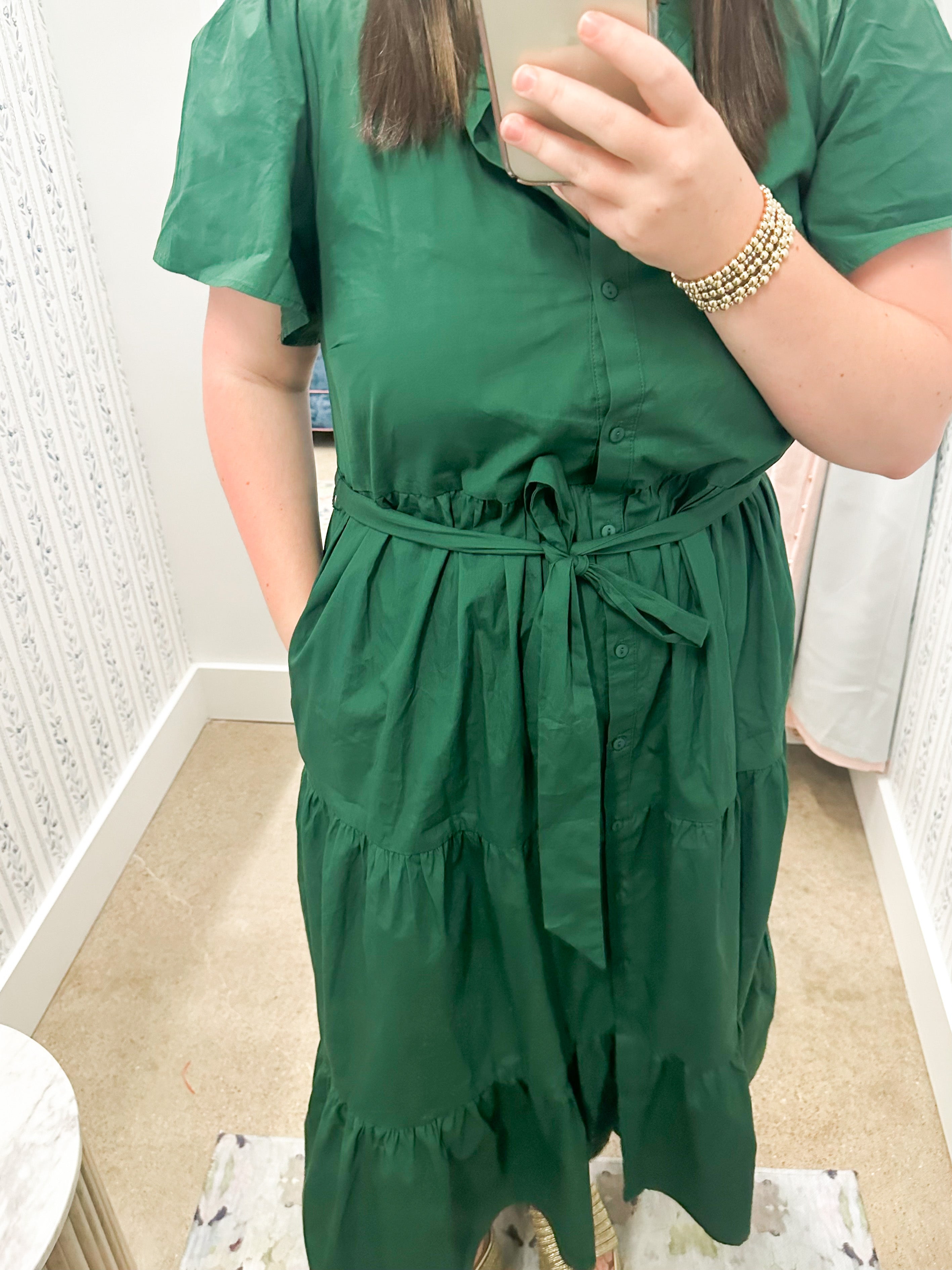 Green Poplin Button Tiered Midi Dress