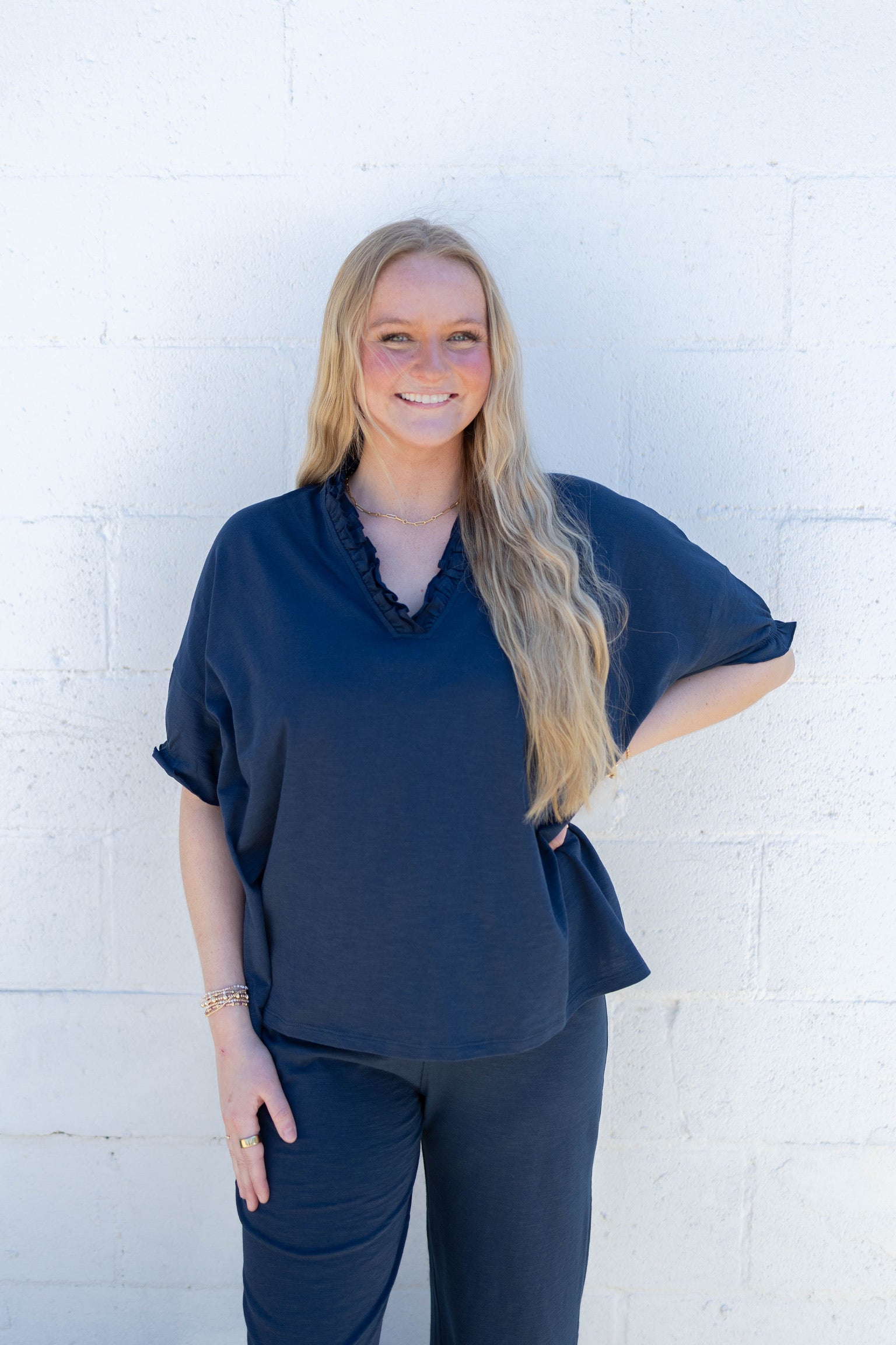 Amelia Navy Ruffle Tee