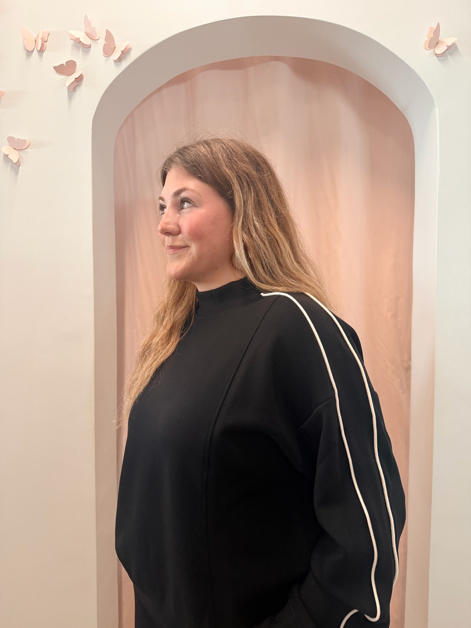 Black Scuba Piping Mock Neck Top