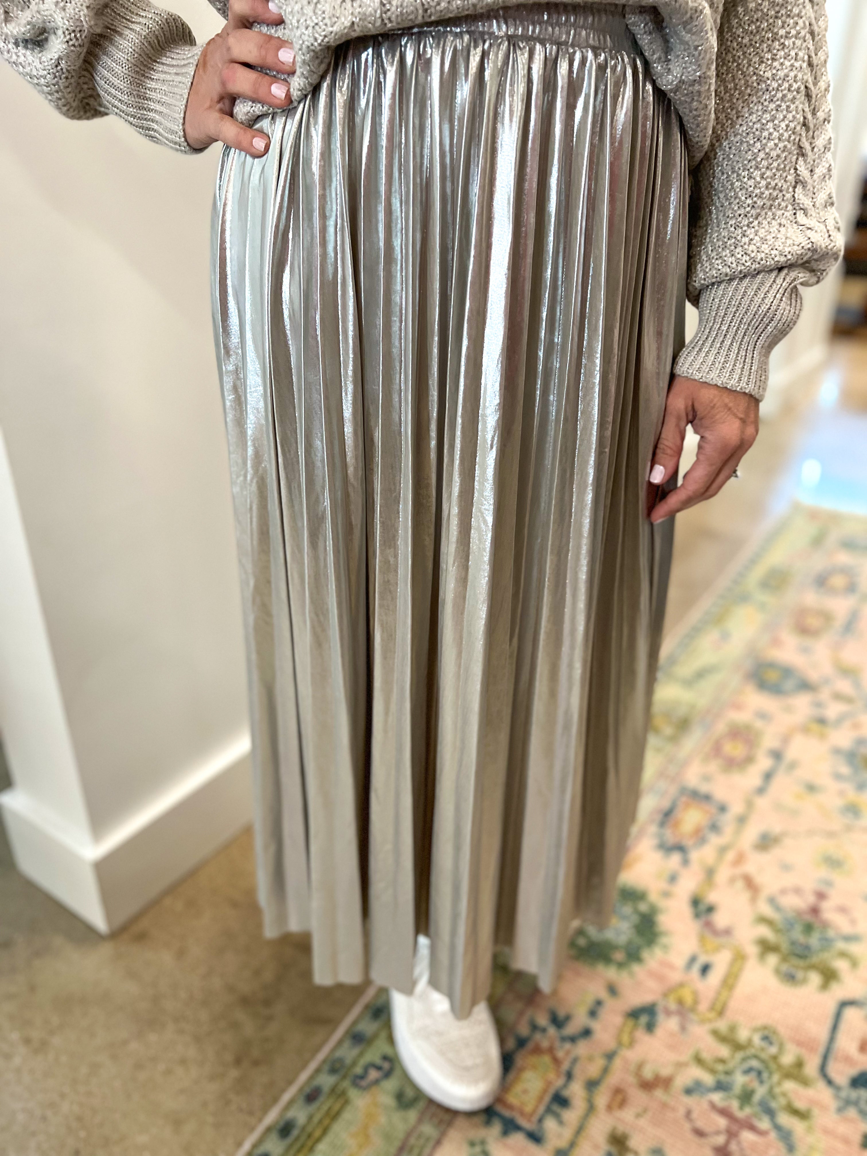 Silver Metallic Pleated Midi Skirt