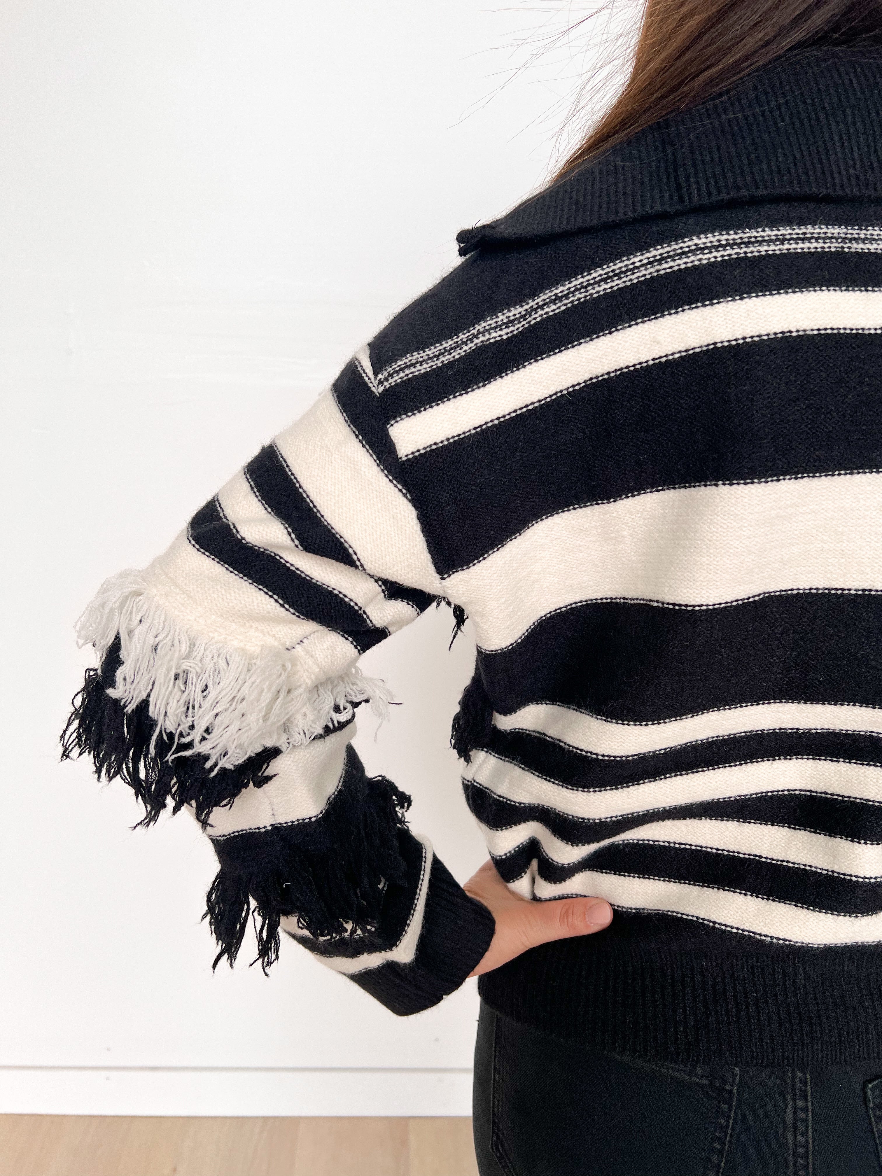 Stripe Fringe Zip Sweater