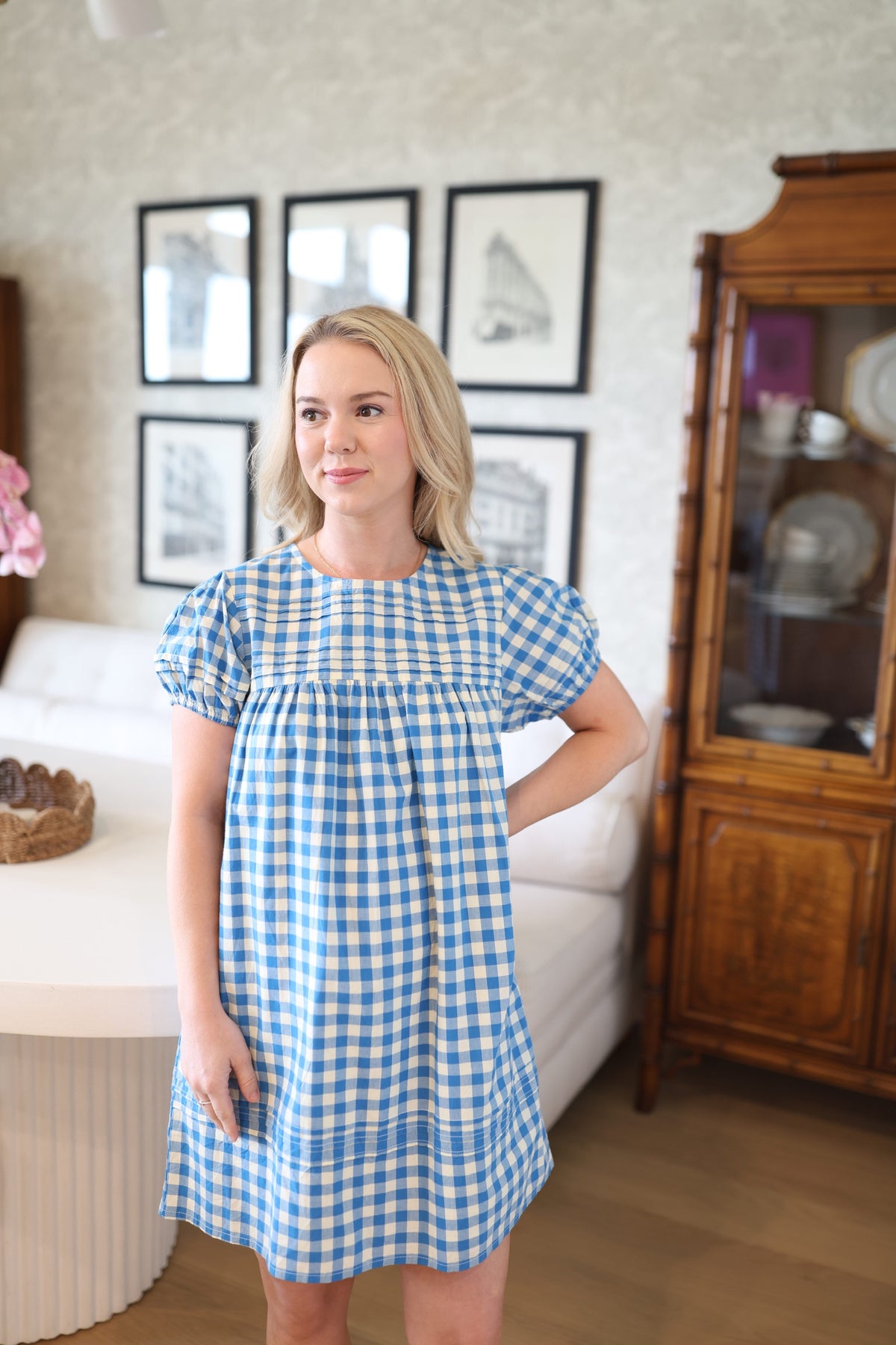 blue china pattern dress Bay Gingham Penny S Size:XS--- Colour:Blue Pair with daily and Aria Tiered Ruffle Mini