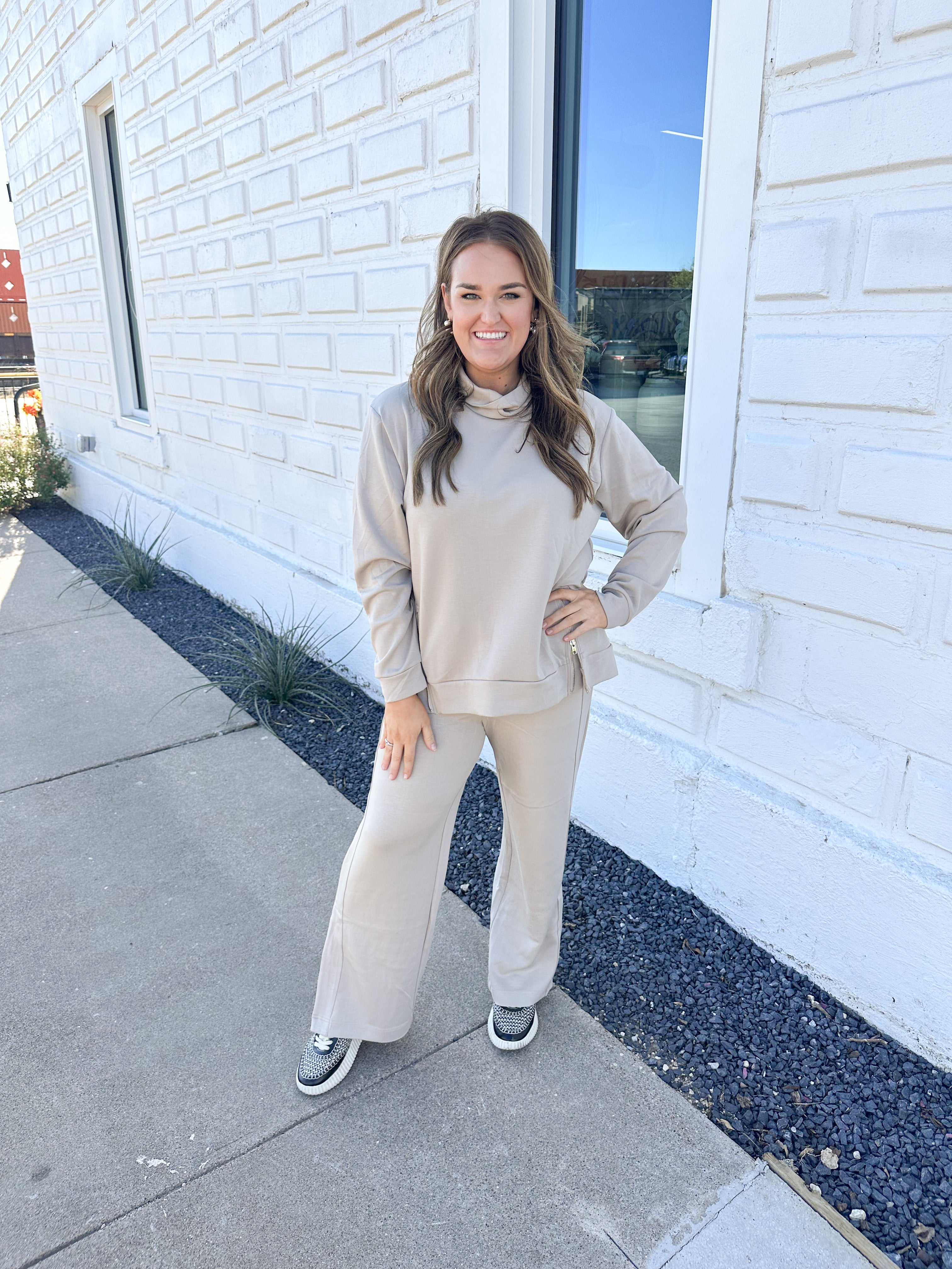 Taupe Scuba Straight Leg Pants with Slits