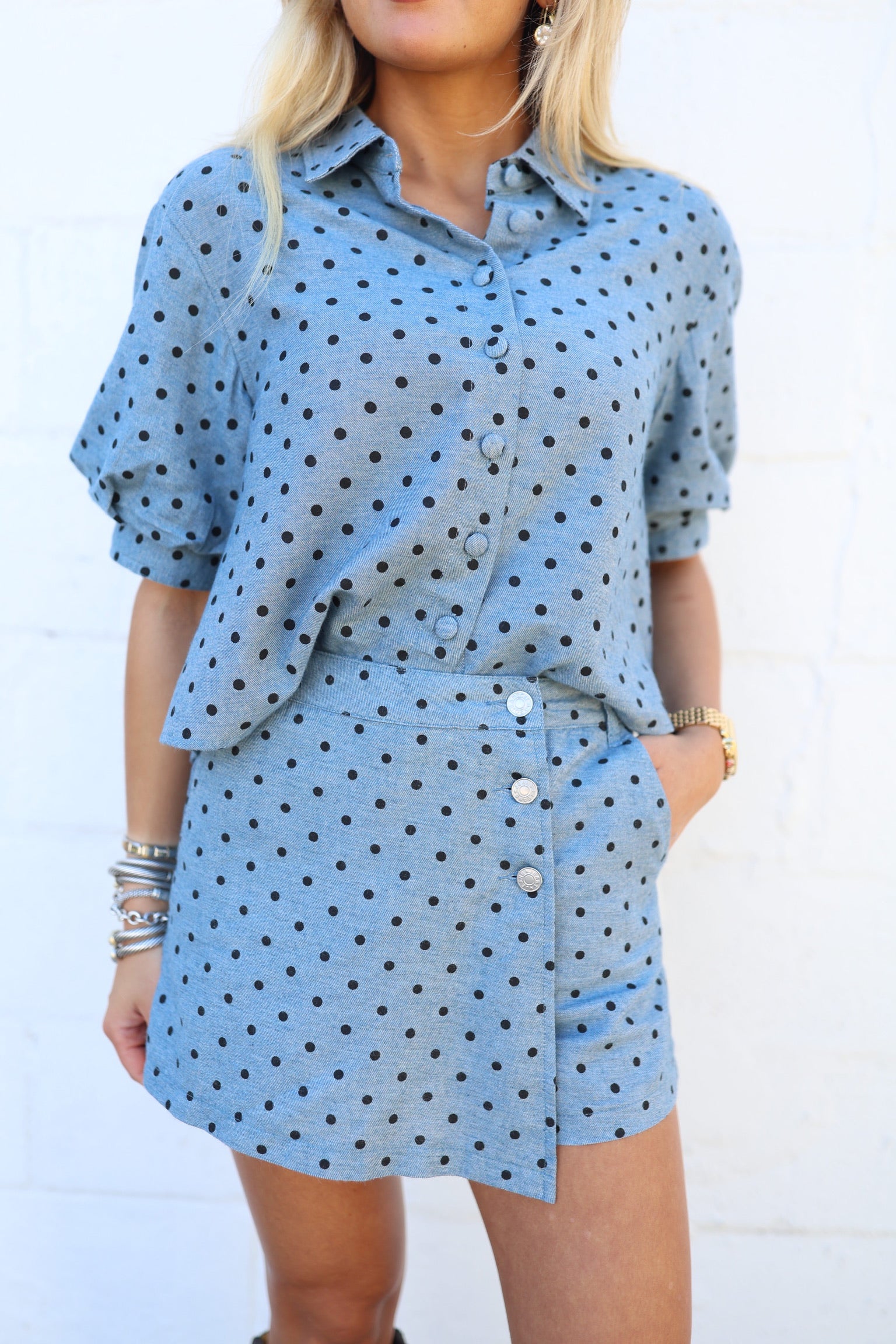 Polka Dot Denim Wrap Skort