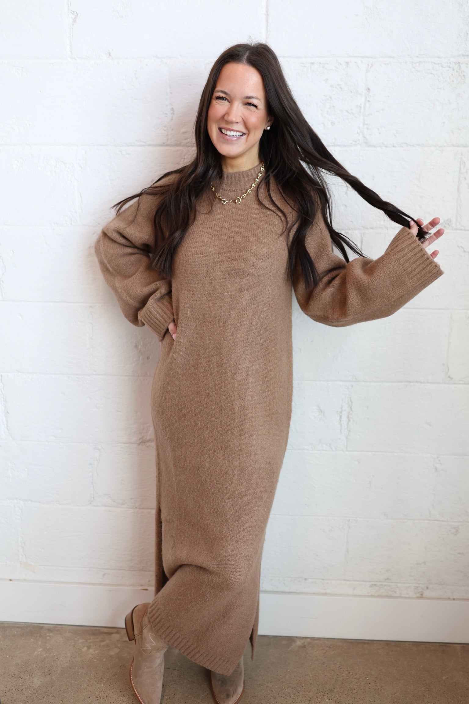 maxi brown sweater dress Sleeveless Sweater V-Neck, Local Love Maxi Dress Set in Chocolate, Size XS,