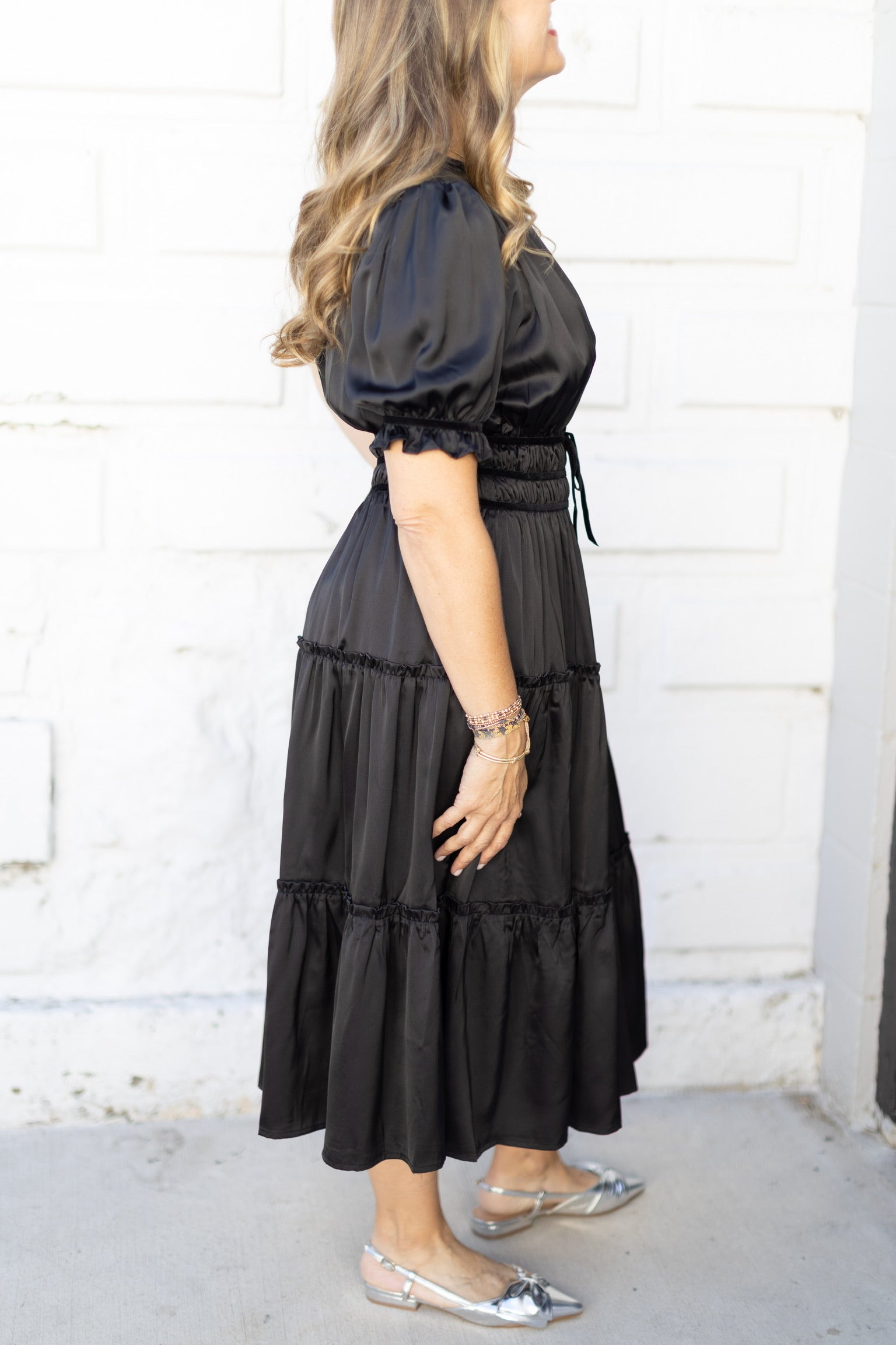 Velvet Trim Midi Dress