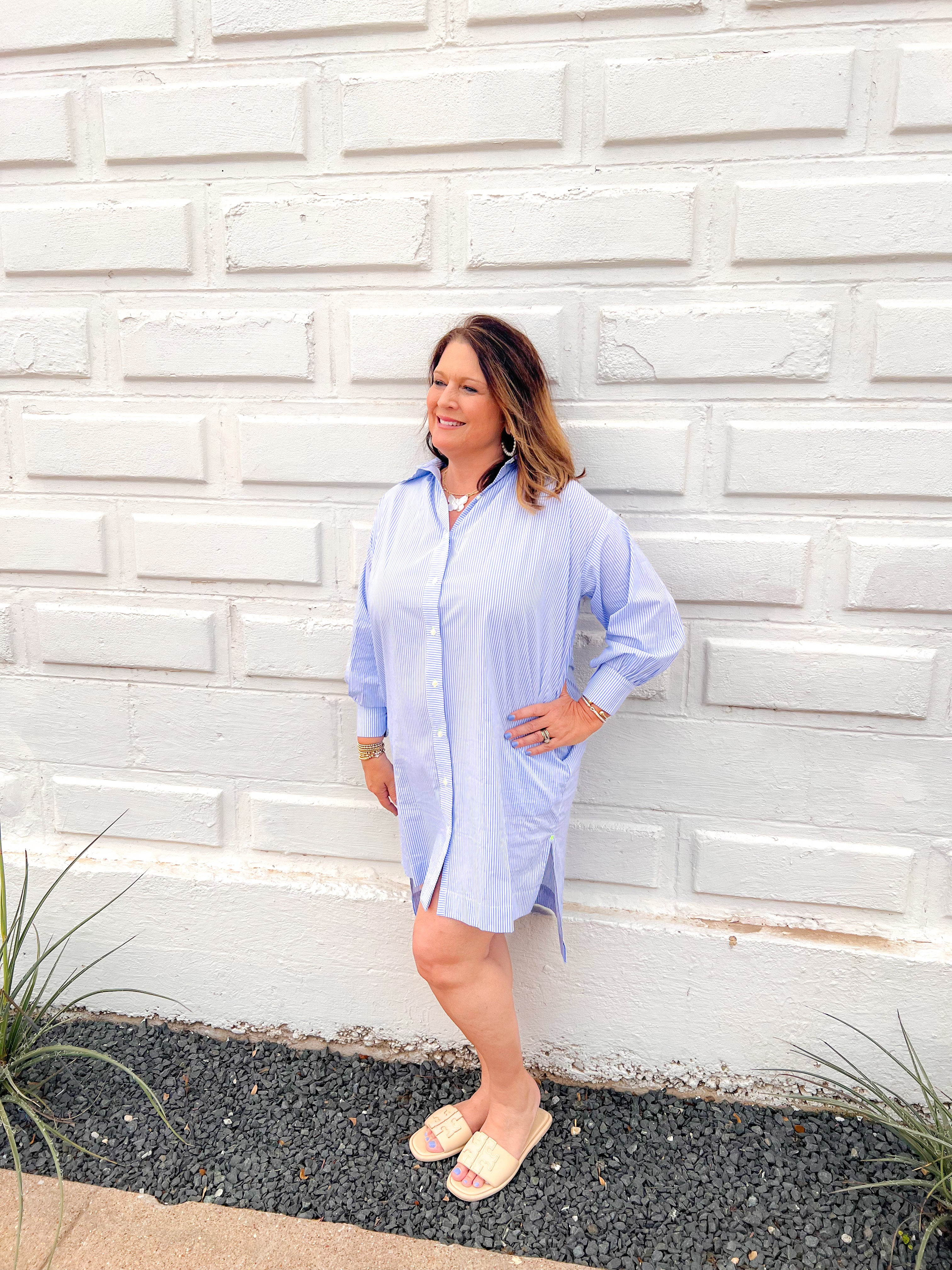 Janie House Dress - Blue Stripe | Caryn Lawn