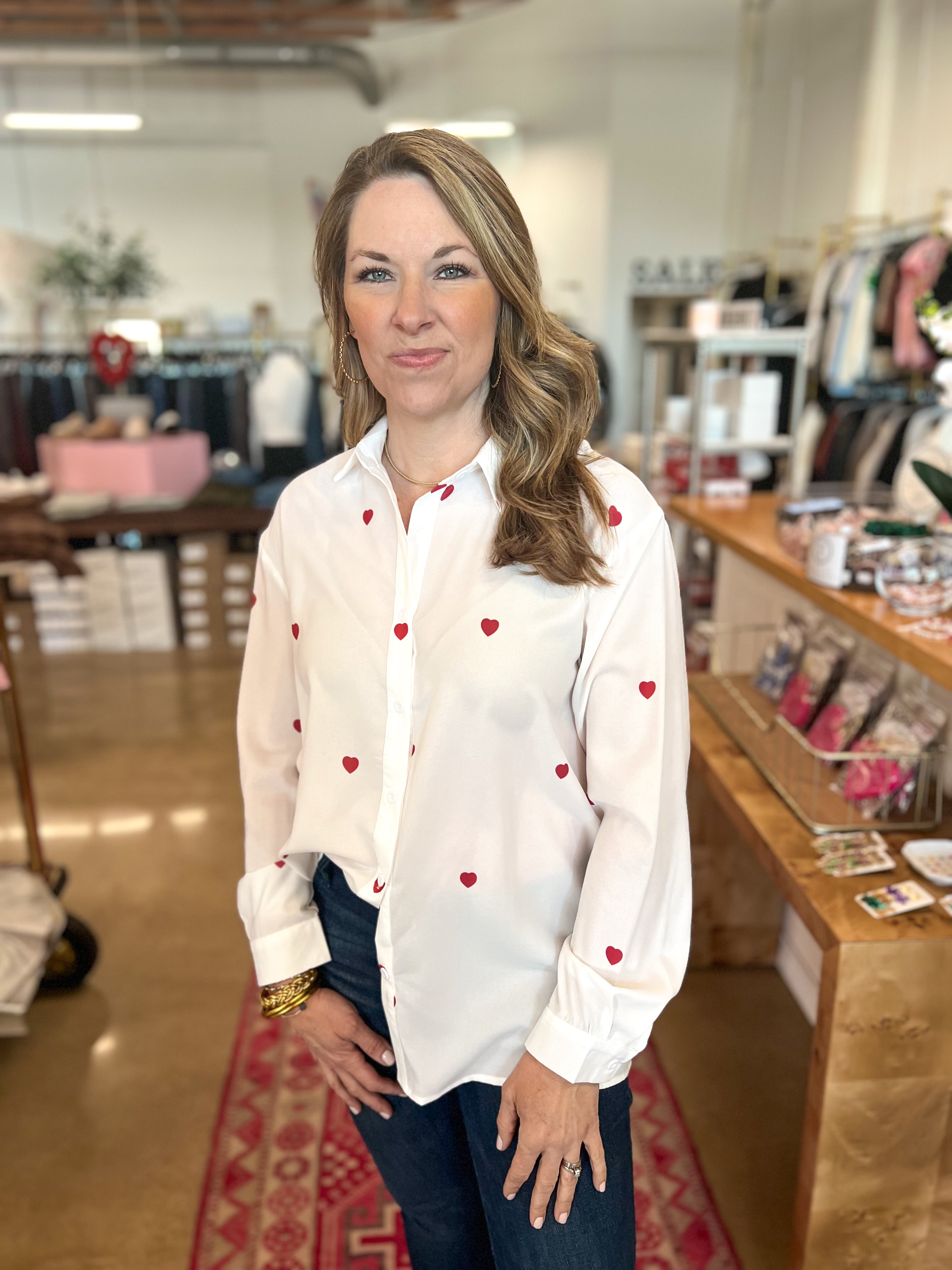 White Button Down Red Hearts