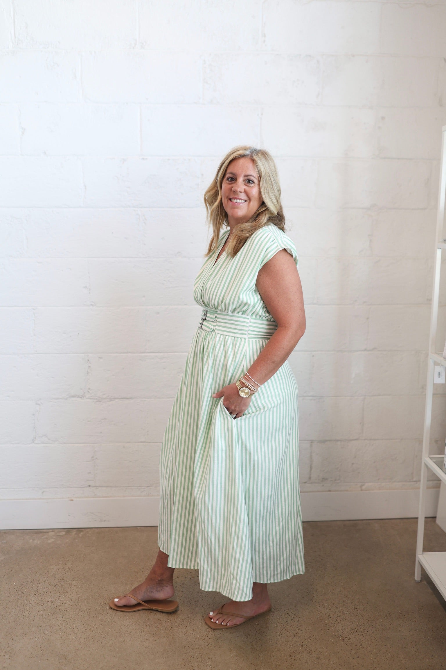 Green Stripe Belted Midi Dress