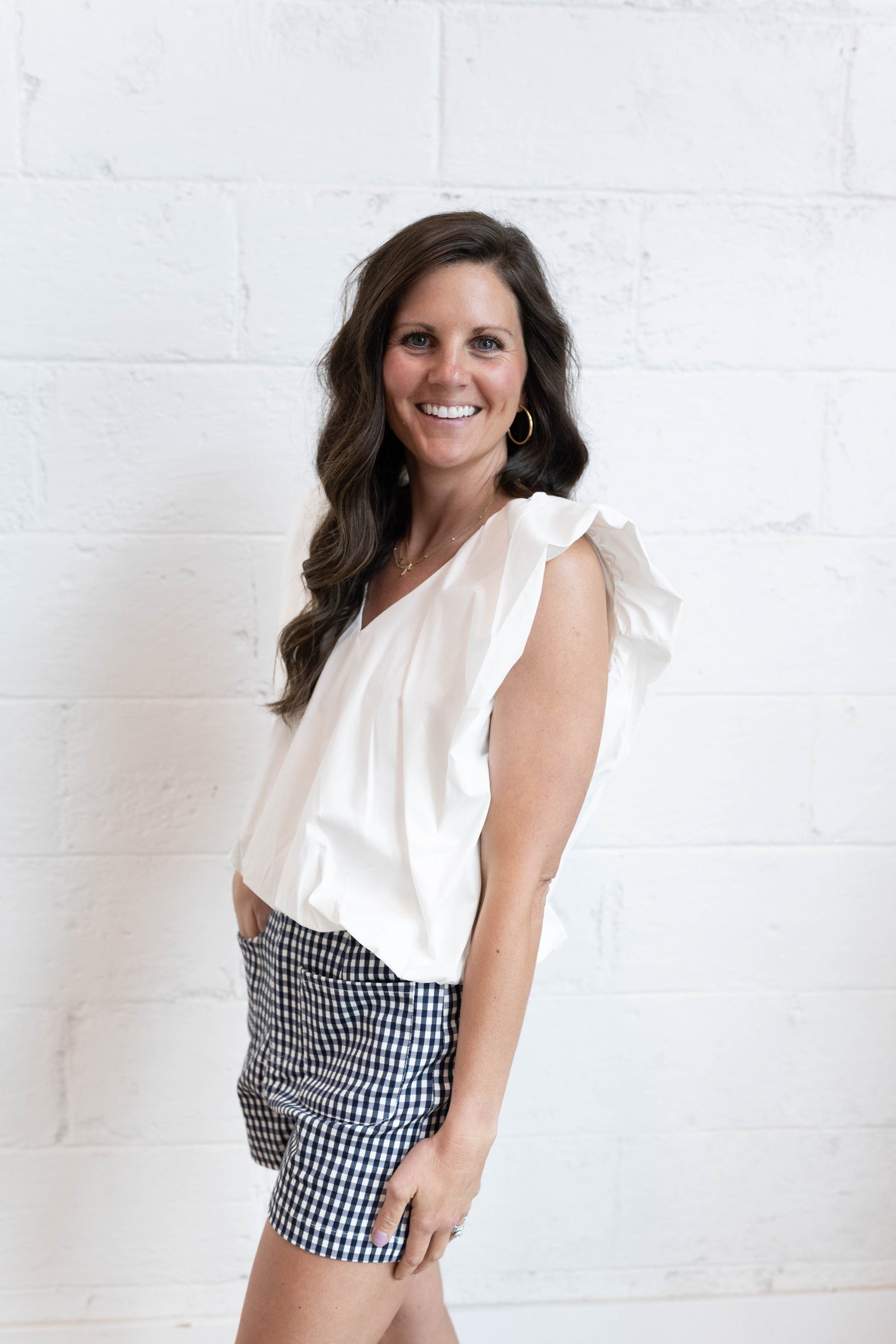 White Poplin Vneck Bubble Top