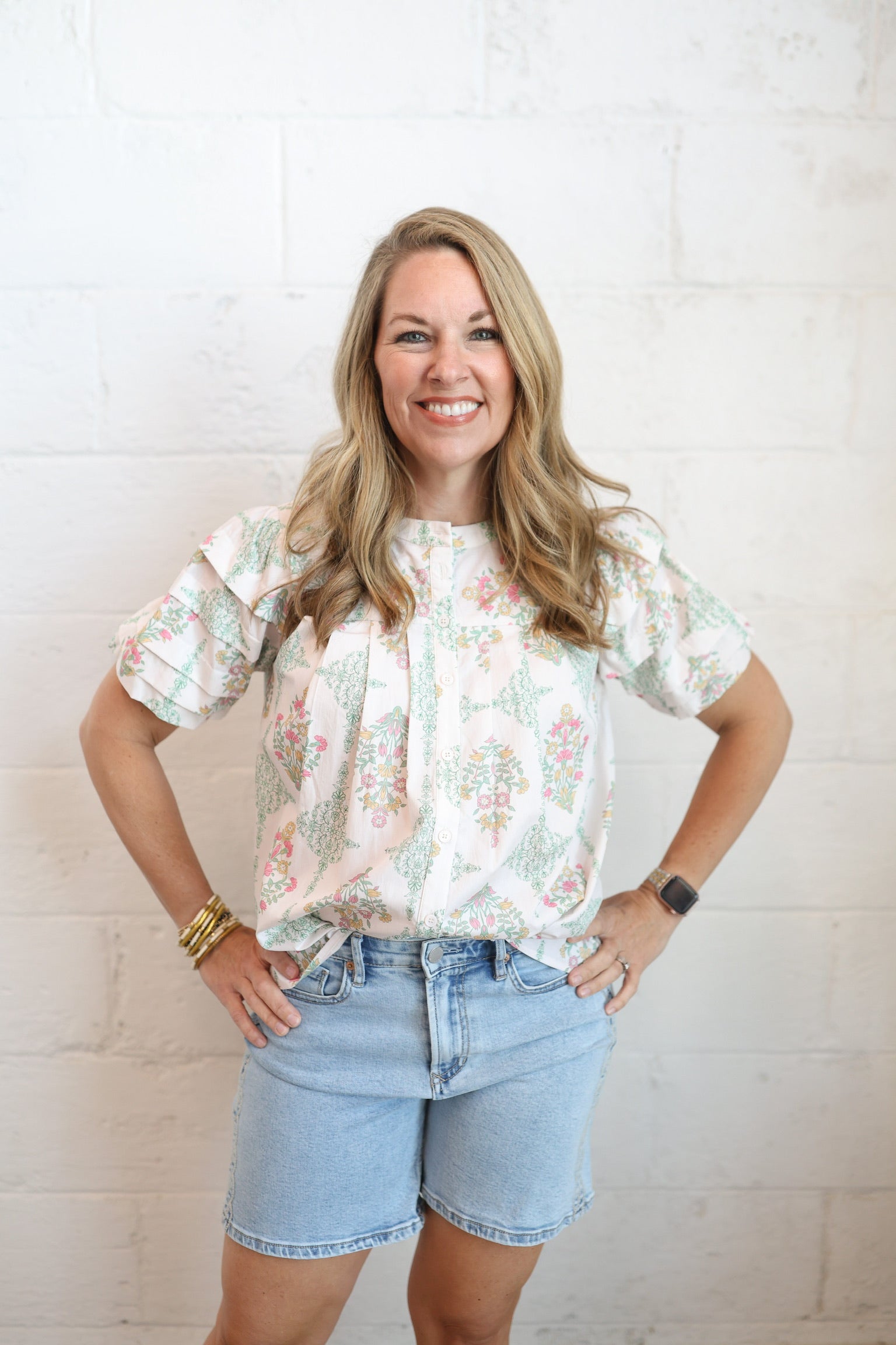 Light Pink Vintage Floral Pleat Top