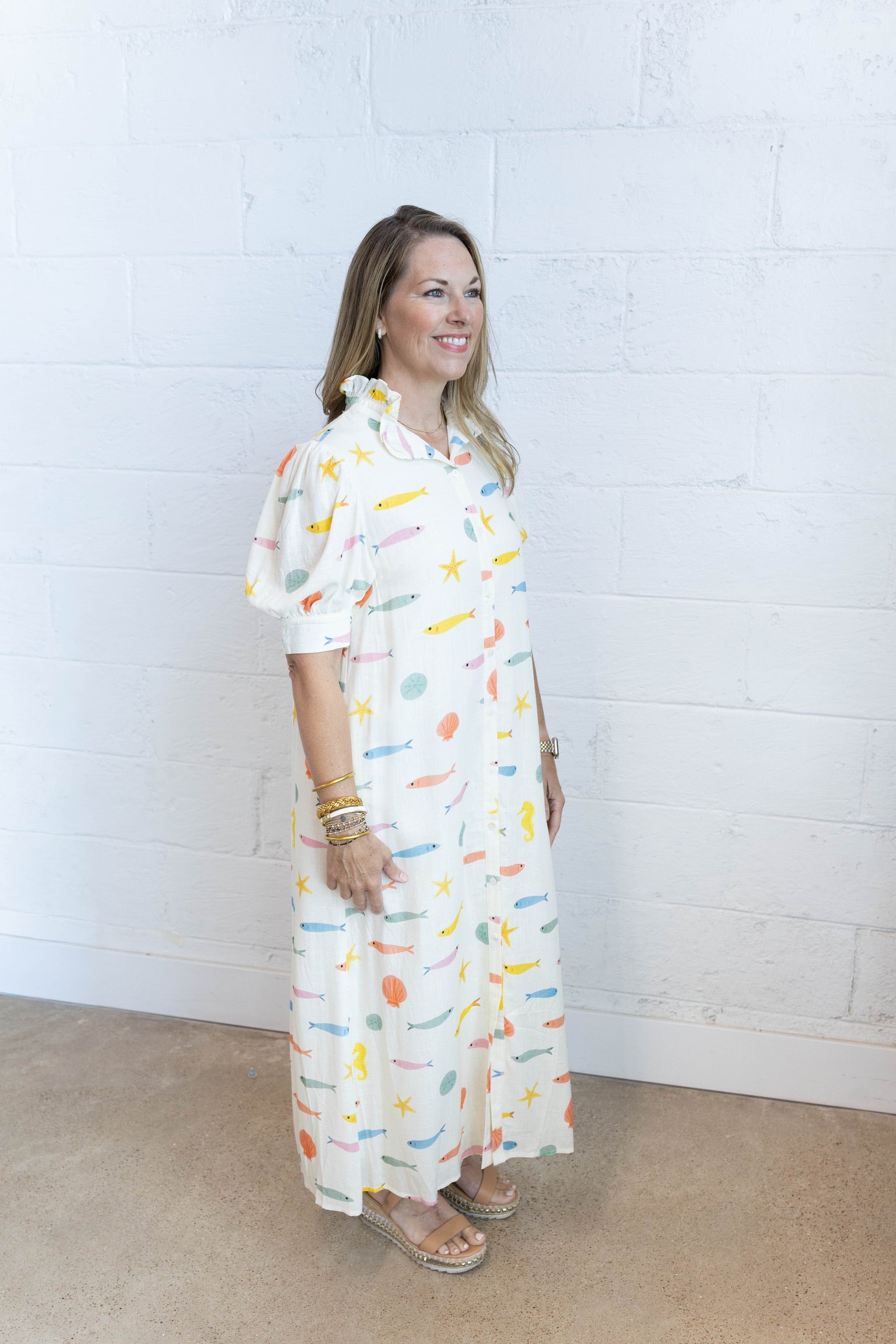 Multi Fish Ruffle Maxi Dress