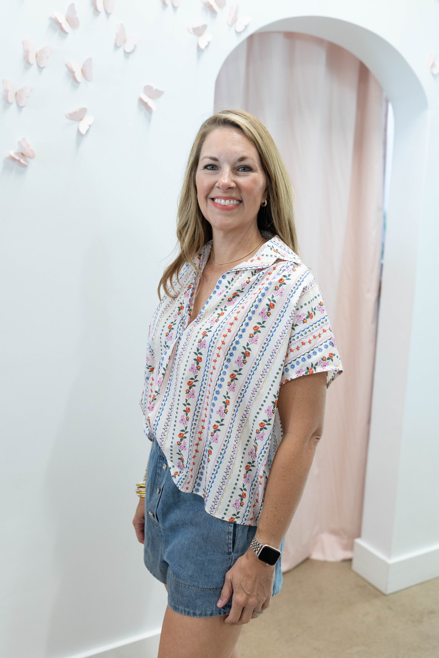 French Multi Floral V Neck Top
