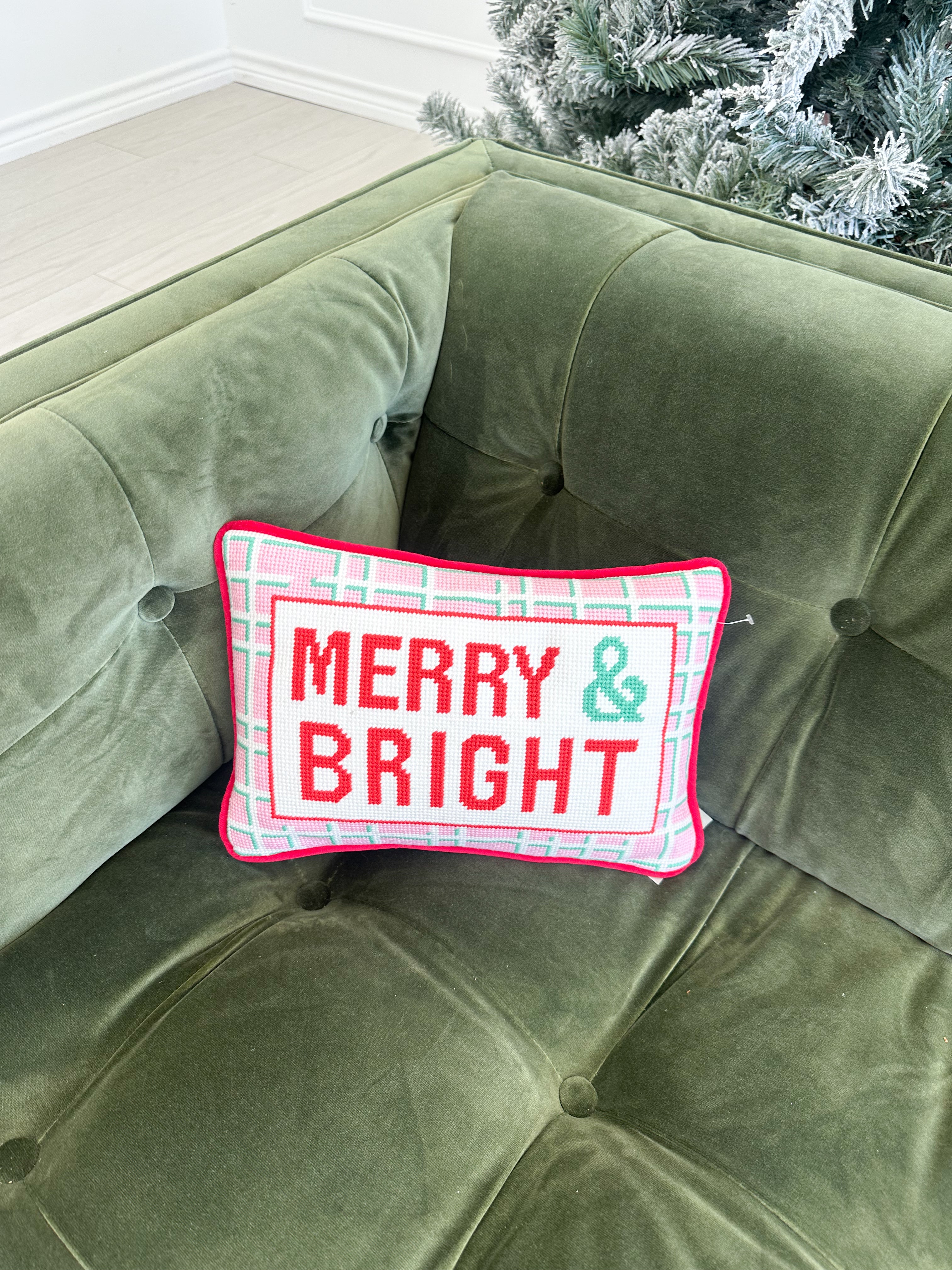 Merry & Bright Embroidered Needlepoint Pillow