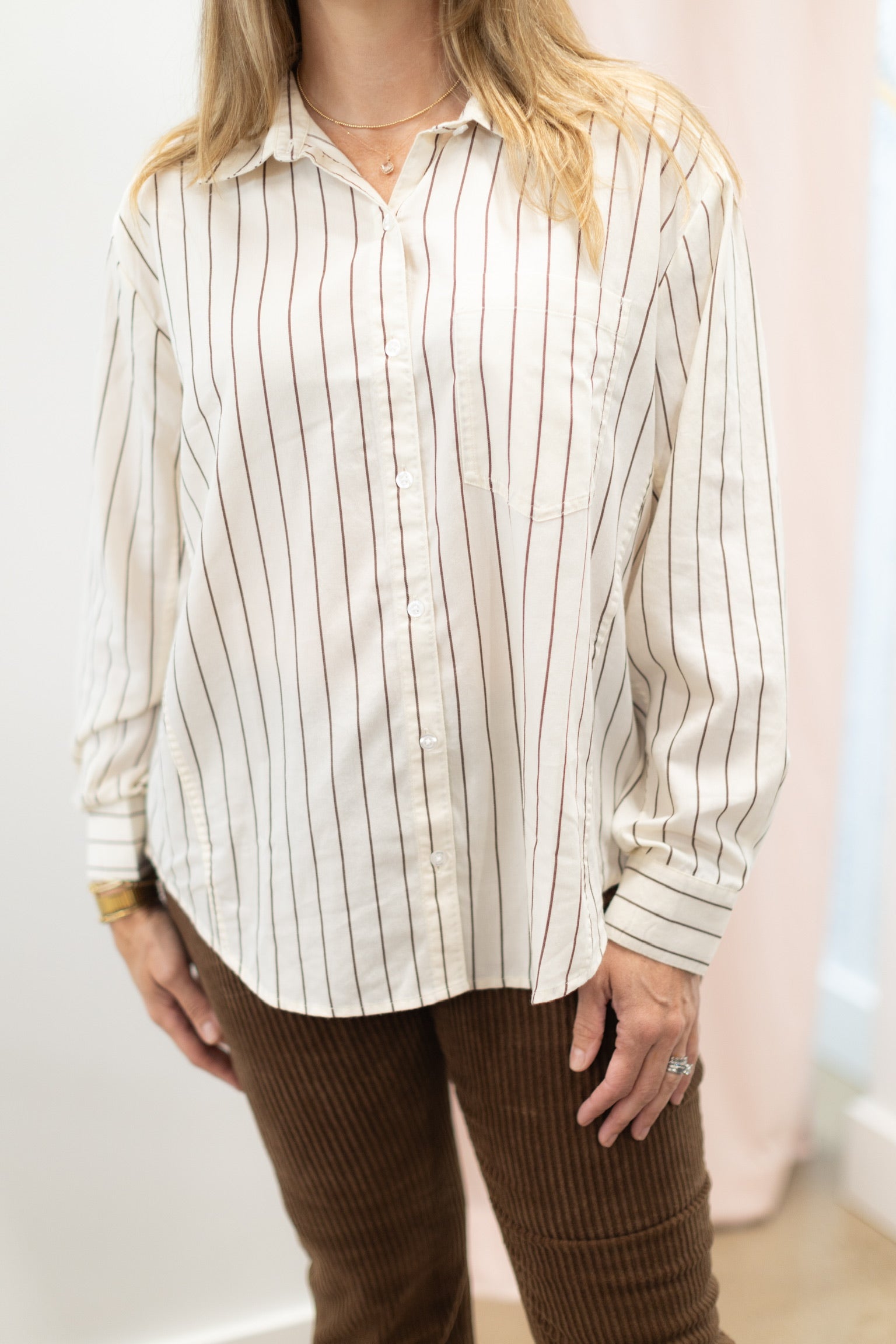 The Boyfriend Button Up, Chocolate Stripe