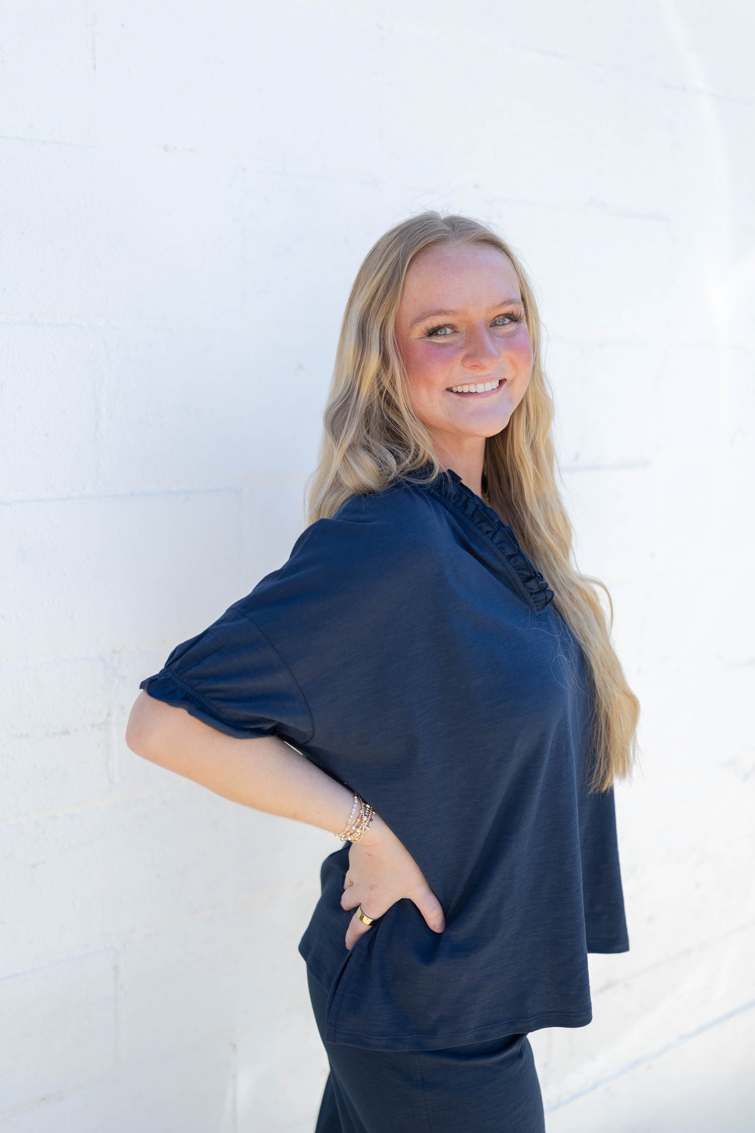 Amelia Navy Ruffle Tee