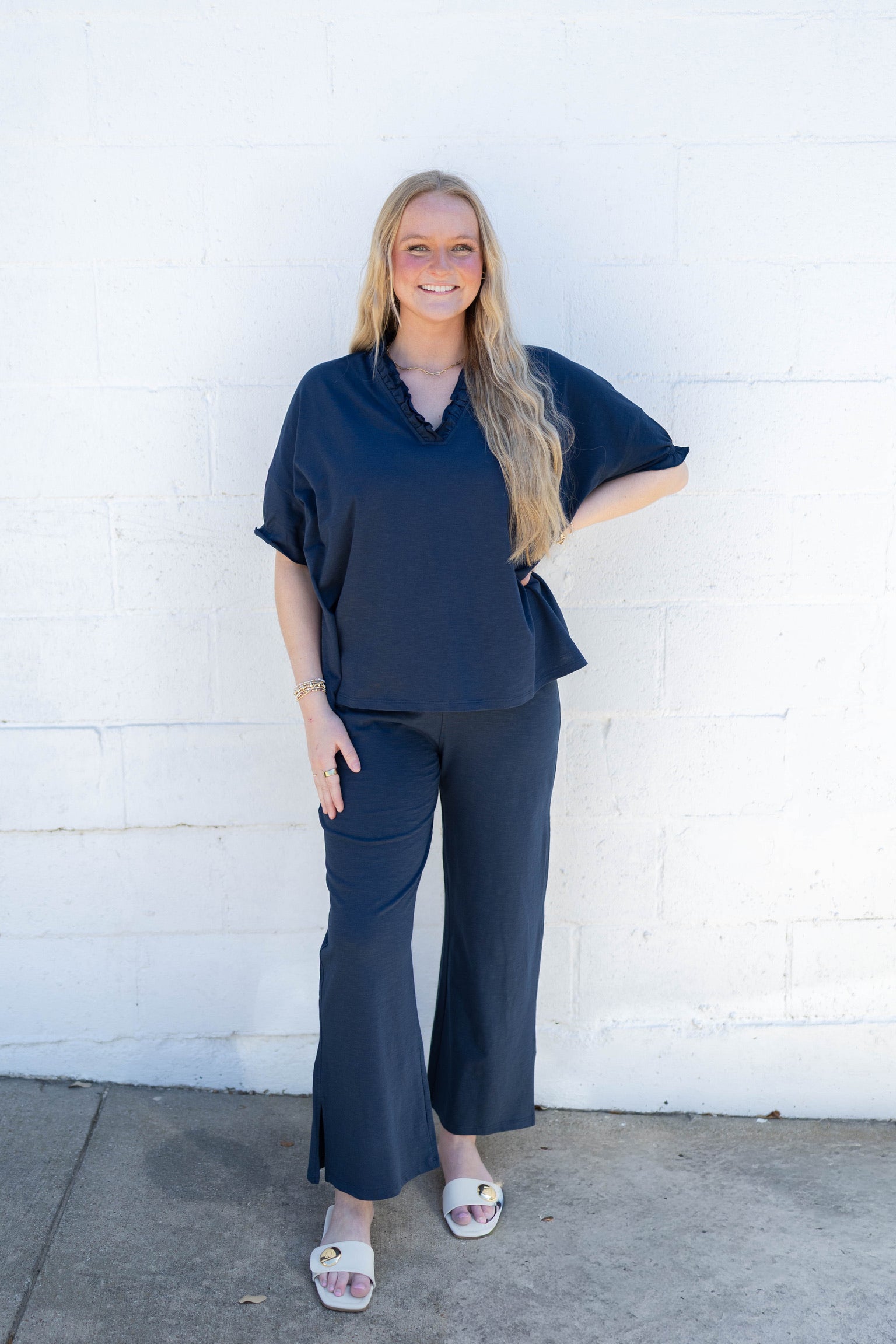 Amelia Navy Ruffle Tee