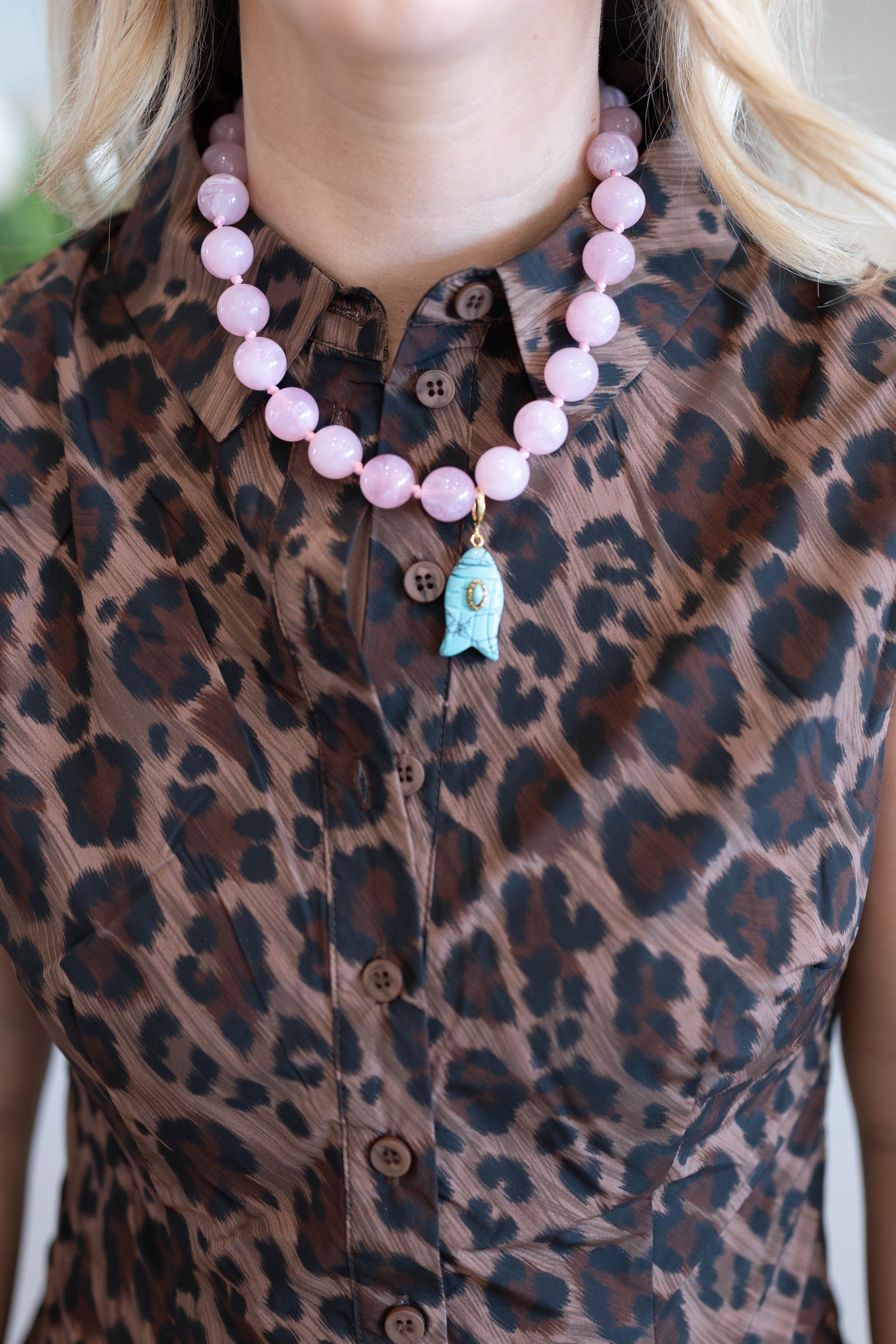 Pink Kiawah Beaded Fish Charm Necklace