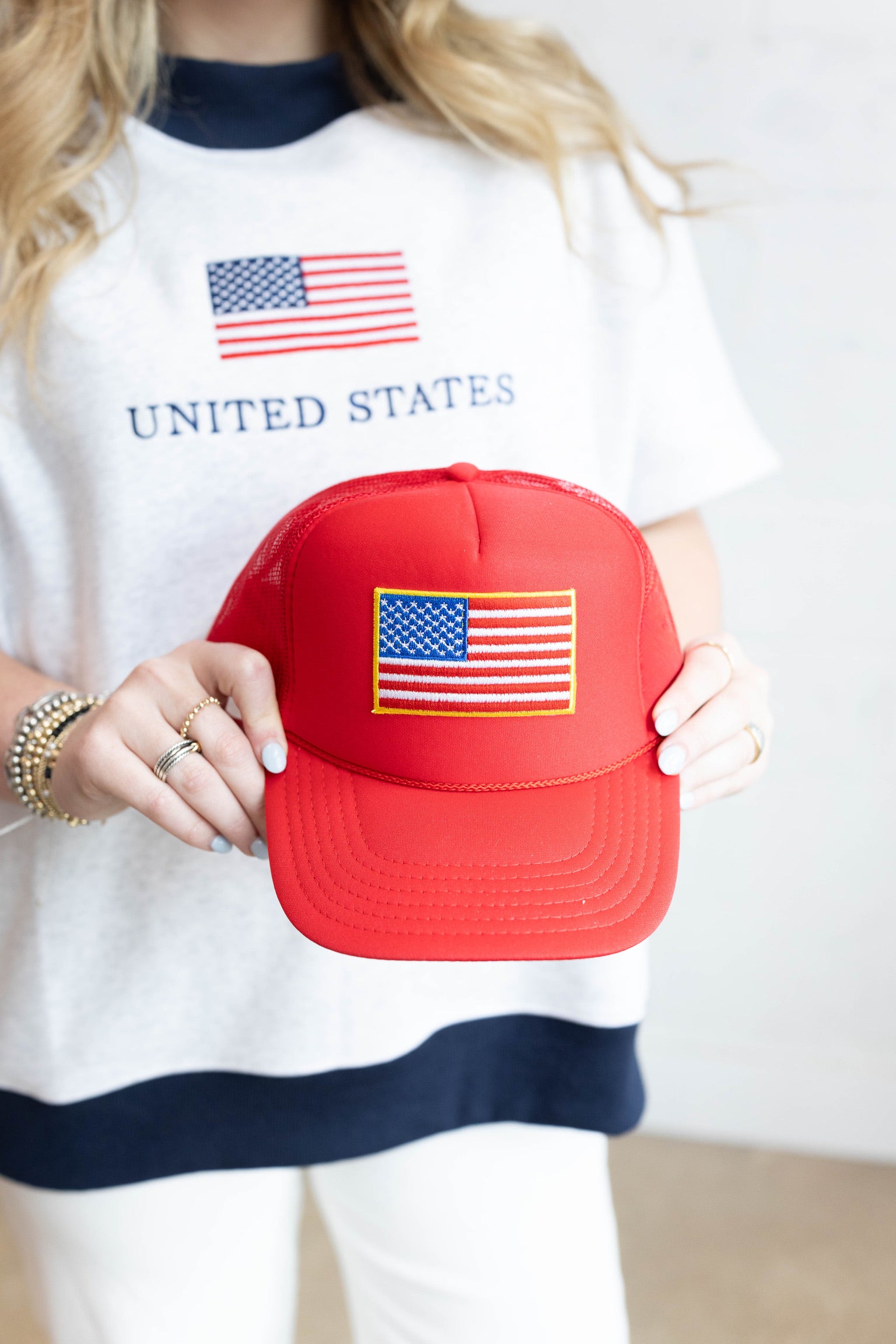 Red American Flag Patch Trucker Hat