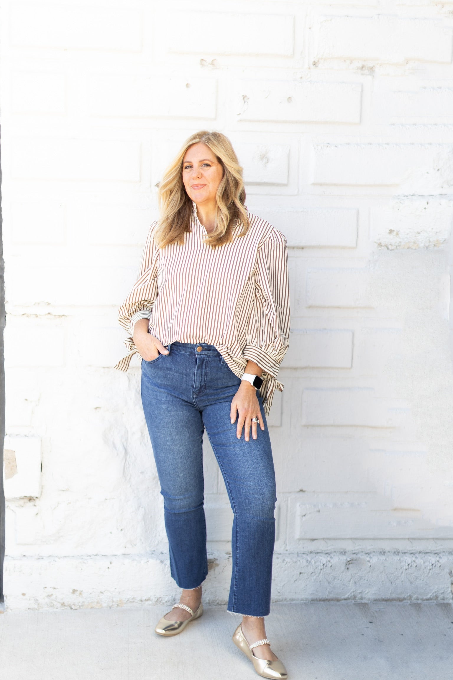 Shelly Stripe Bow Top, Taupe