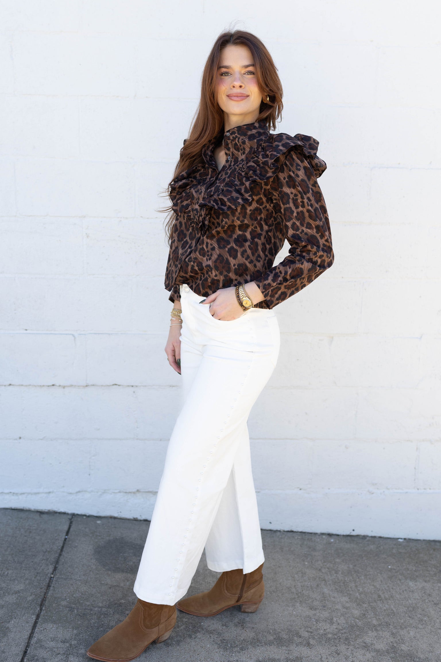 Leopard Ruffle Button Top