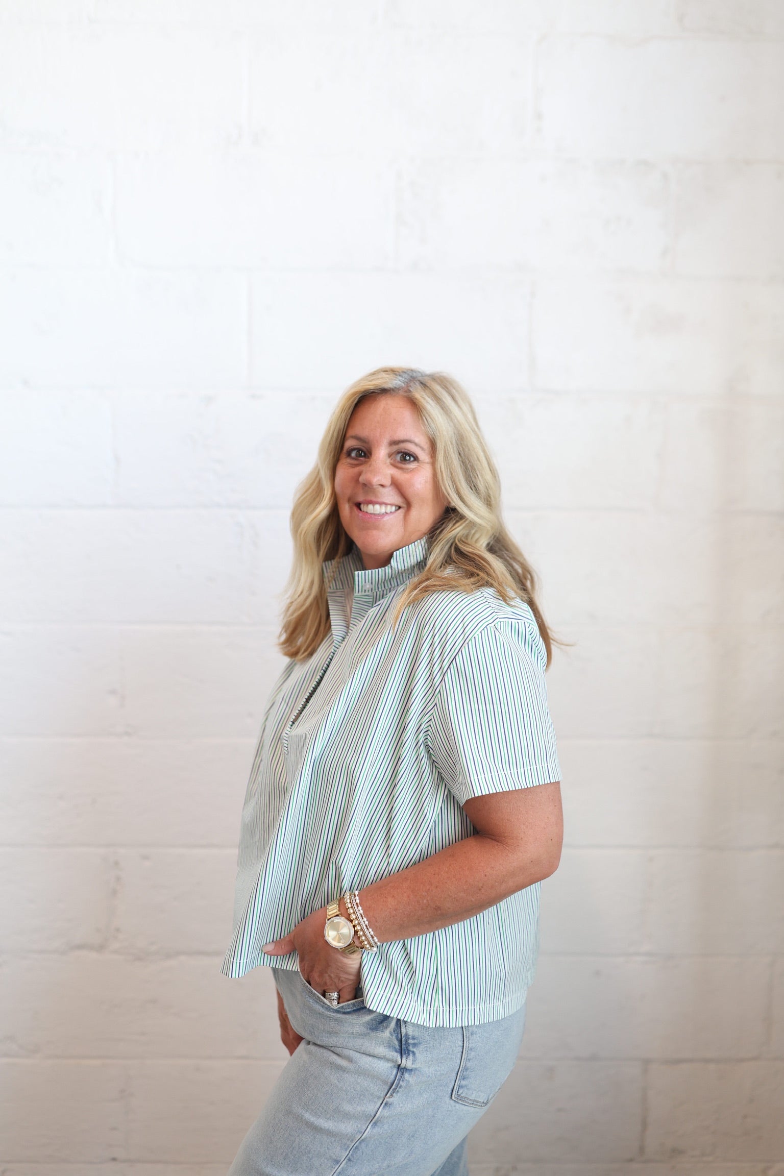 Striped Stand Collar Blouse