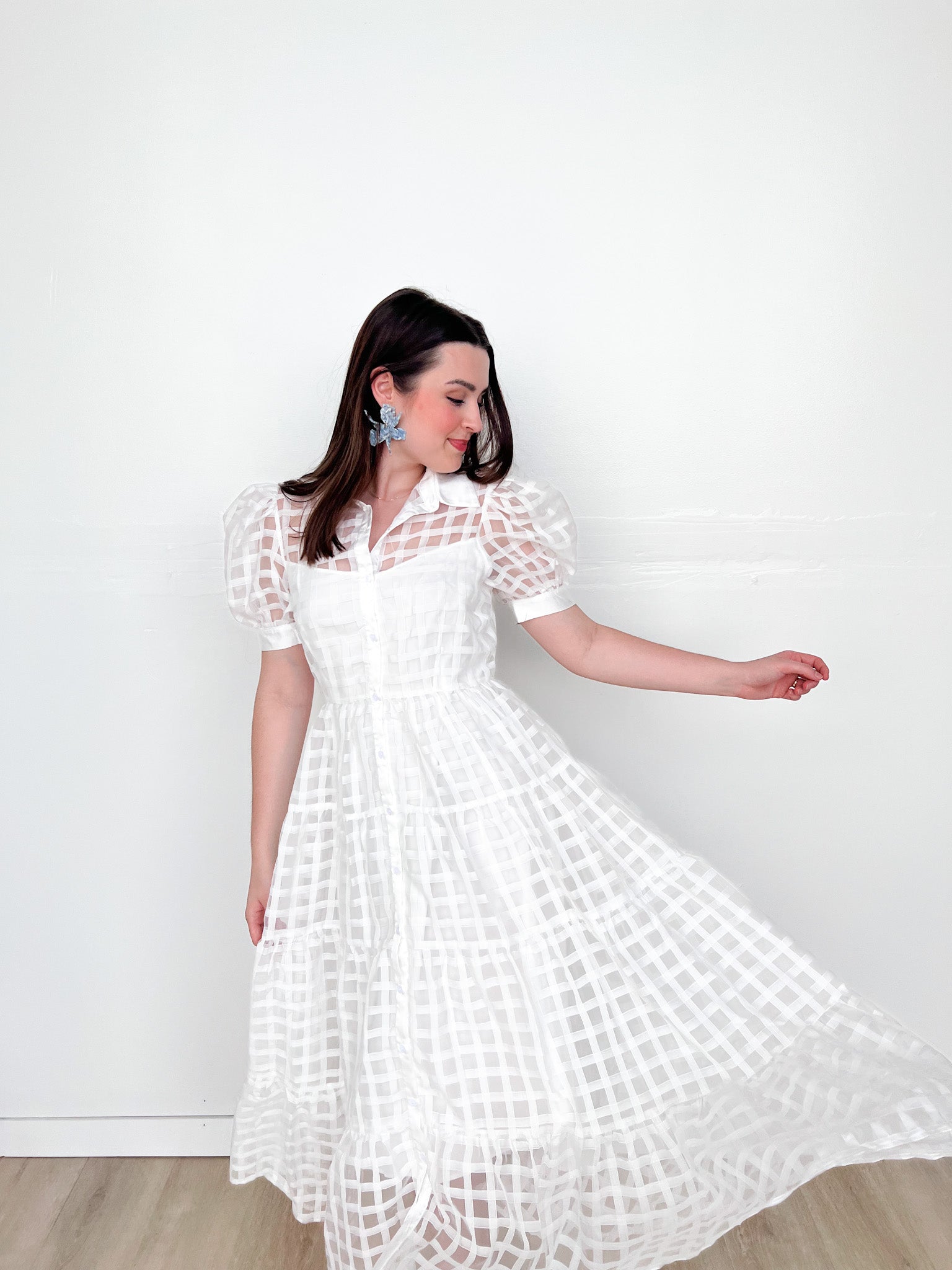 Marlee White Gridded Organza Tiered Maxi Dress