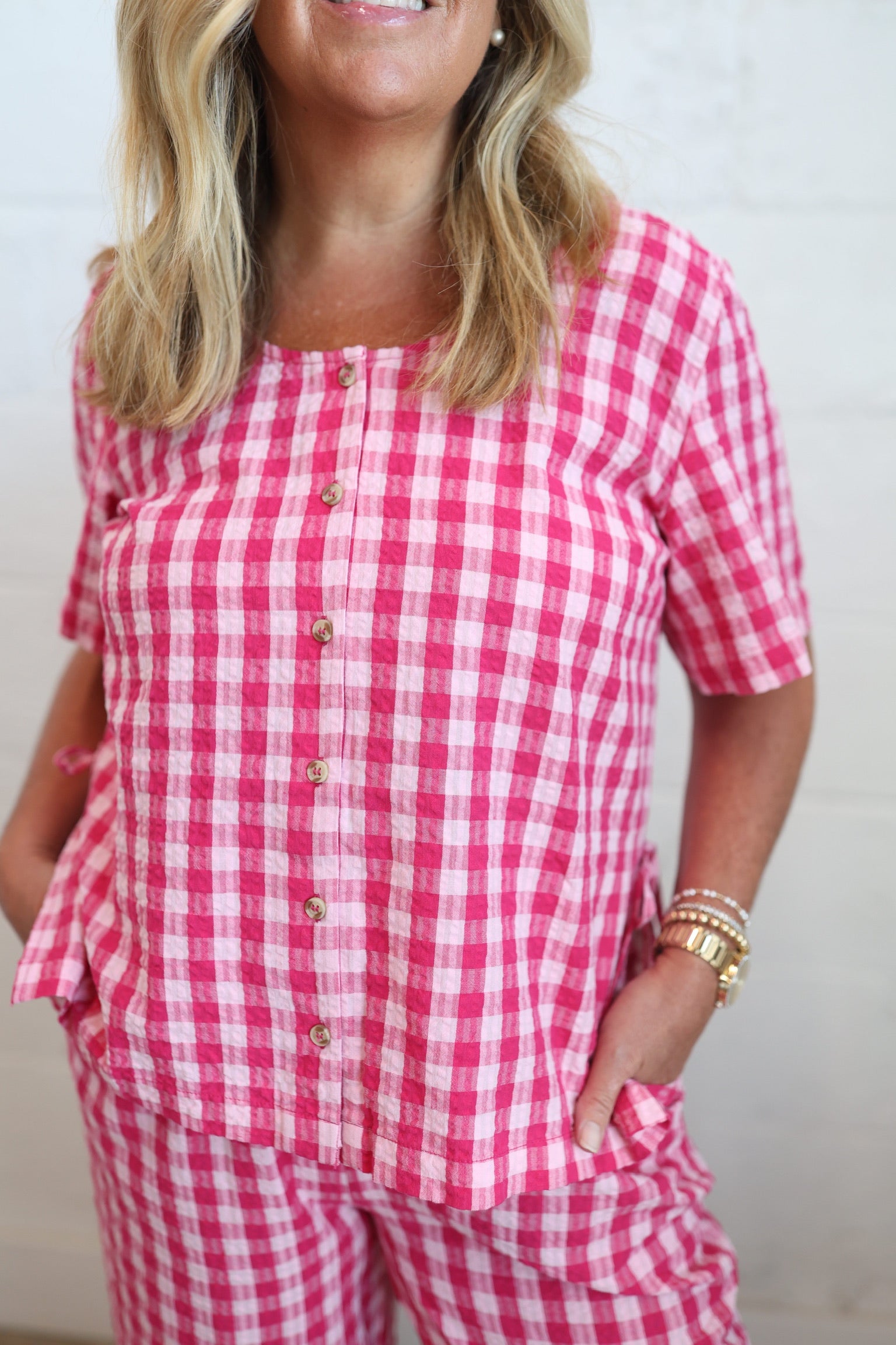 Pink Gingham Tie Top