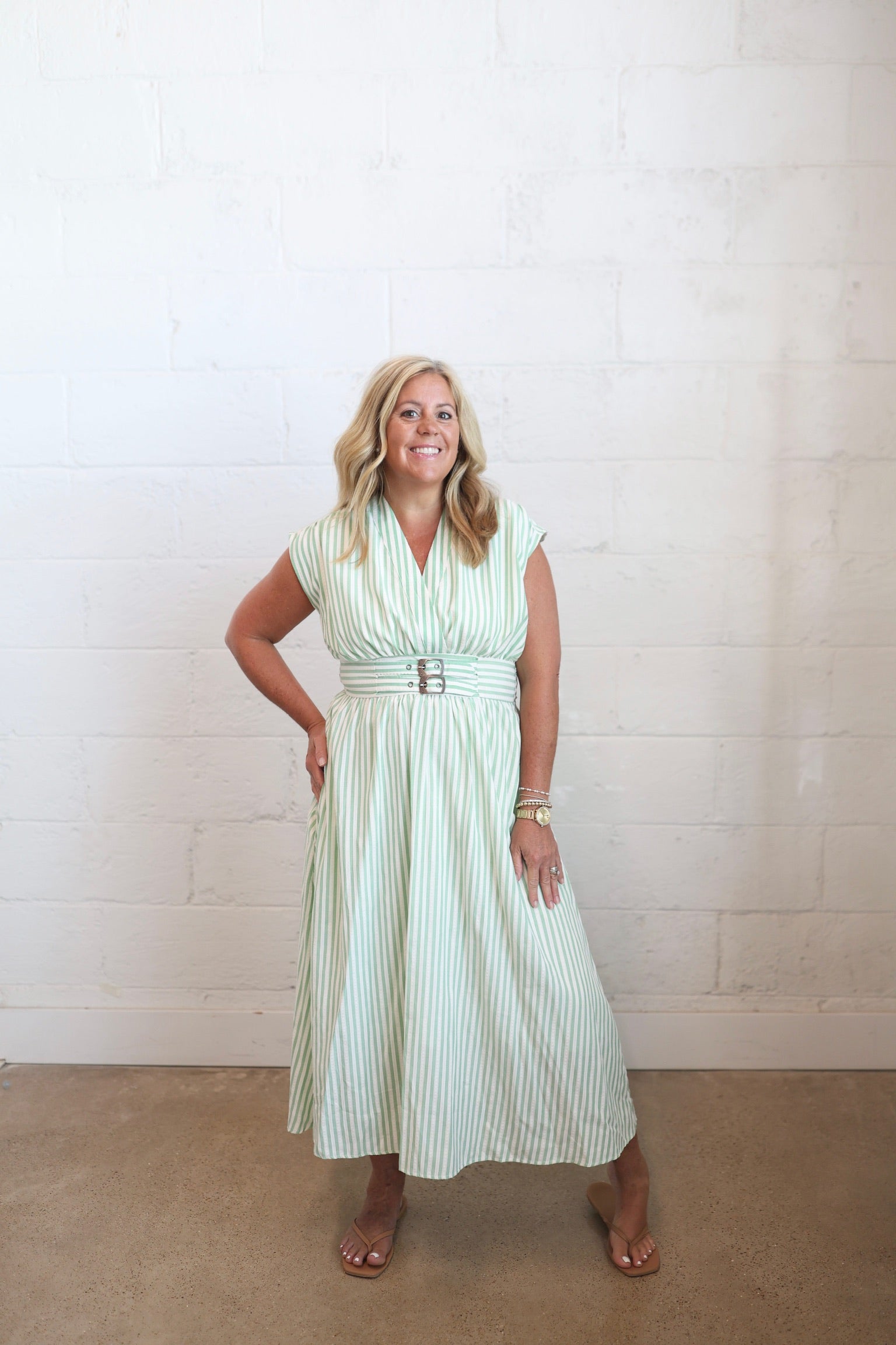 Green Stripe Belted Midi Dress