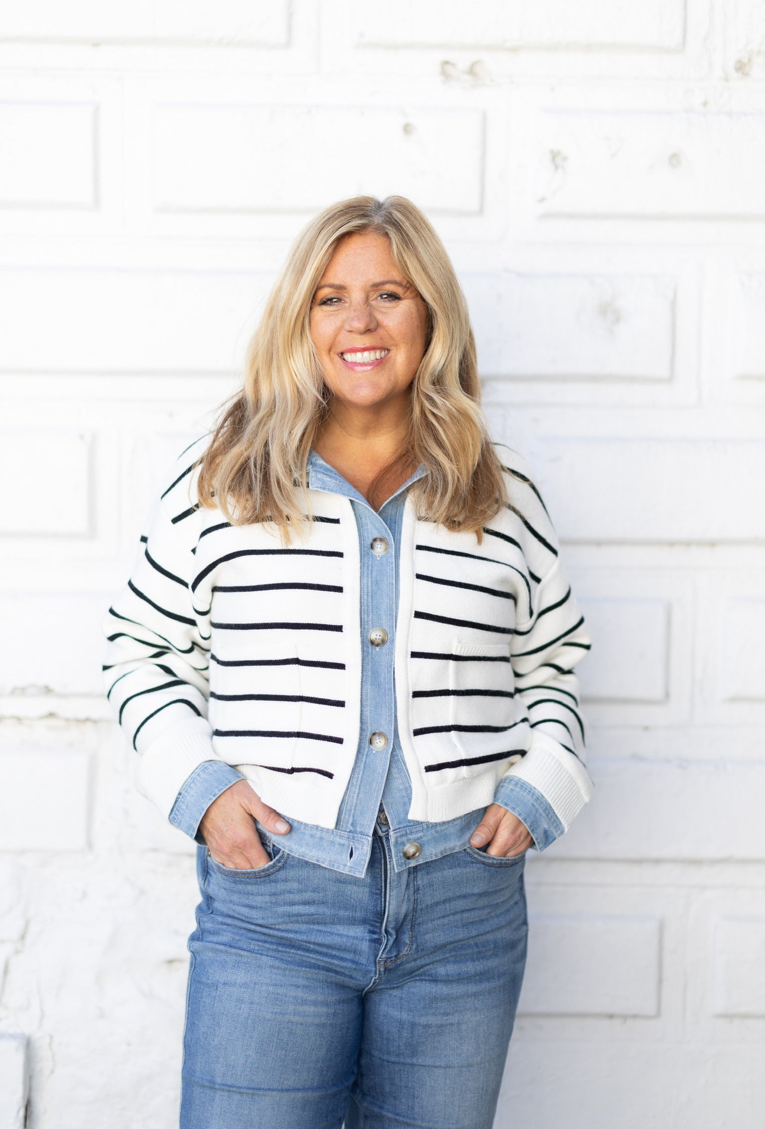 Stripe Knit Denim Cardigan