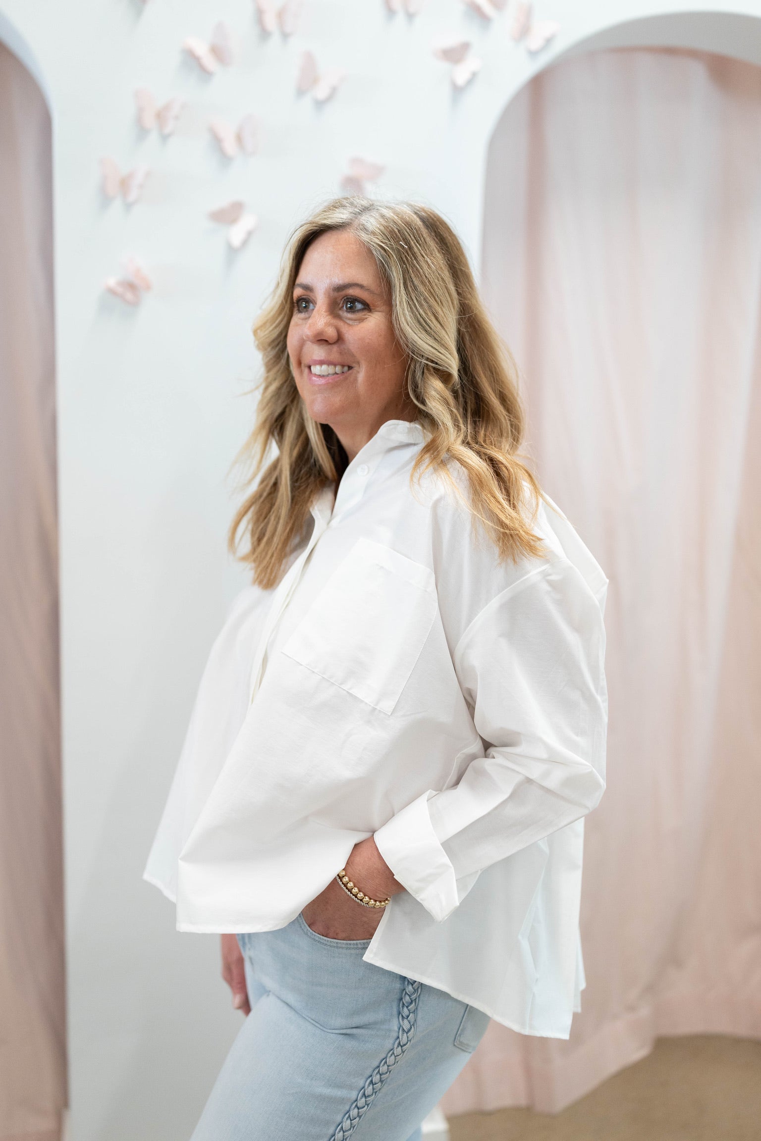 White Pleated Button Down