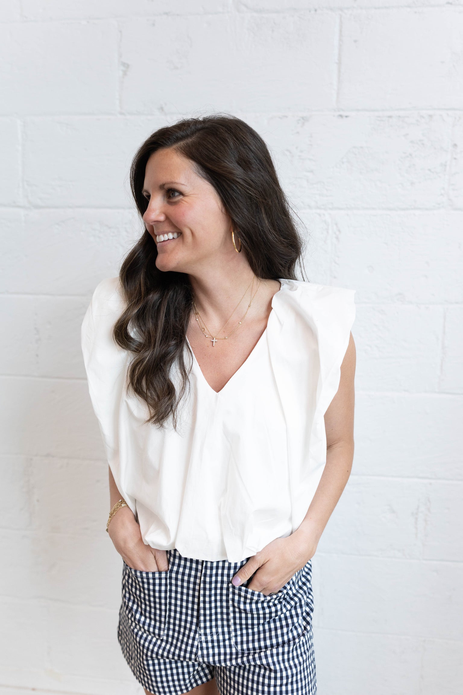 White Poplin Vneck Bubble Top