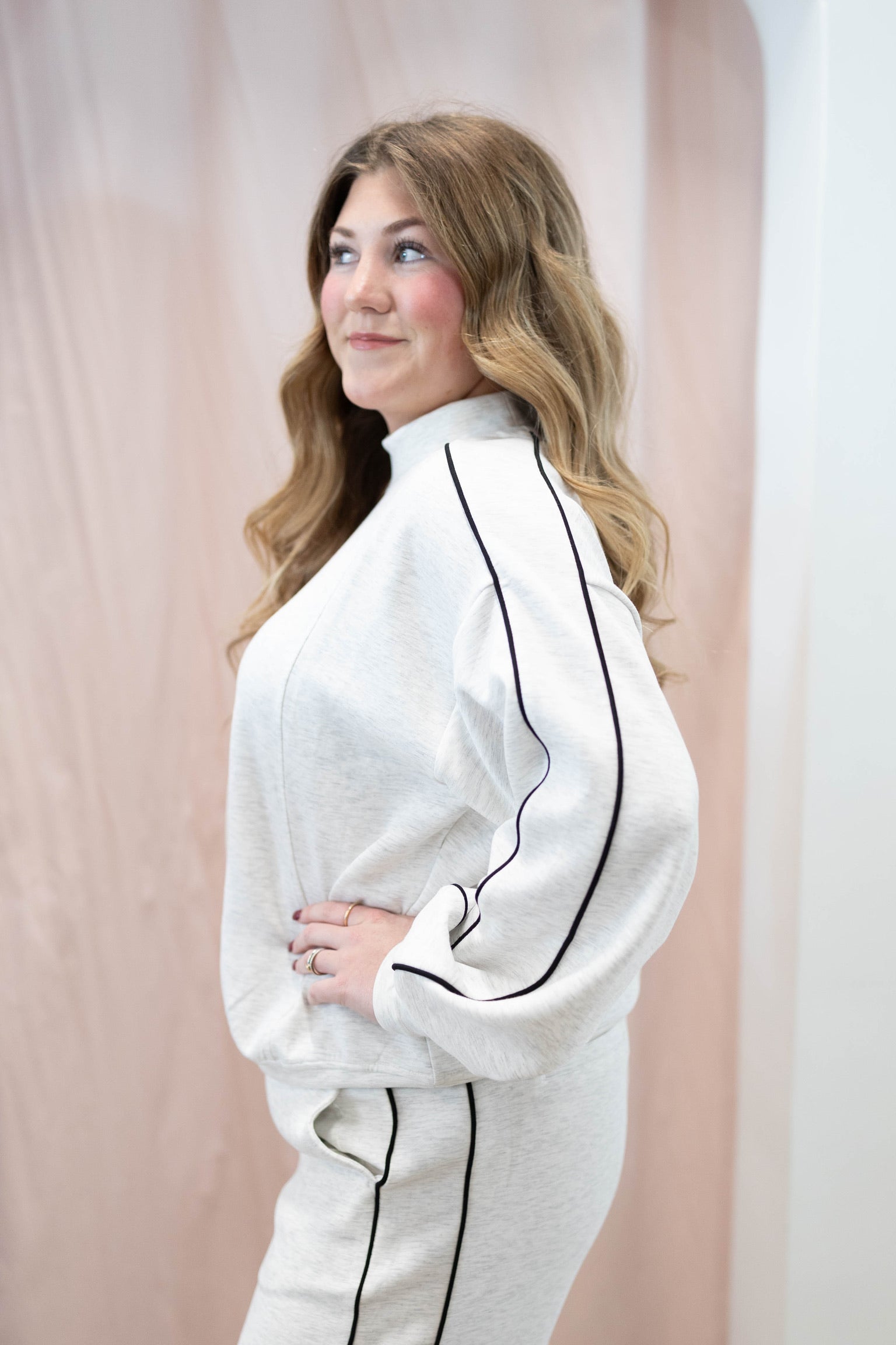 Grey Scuba Piping Mock Neck Top