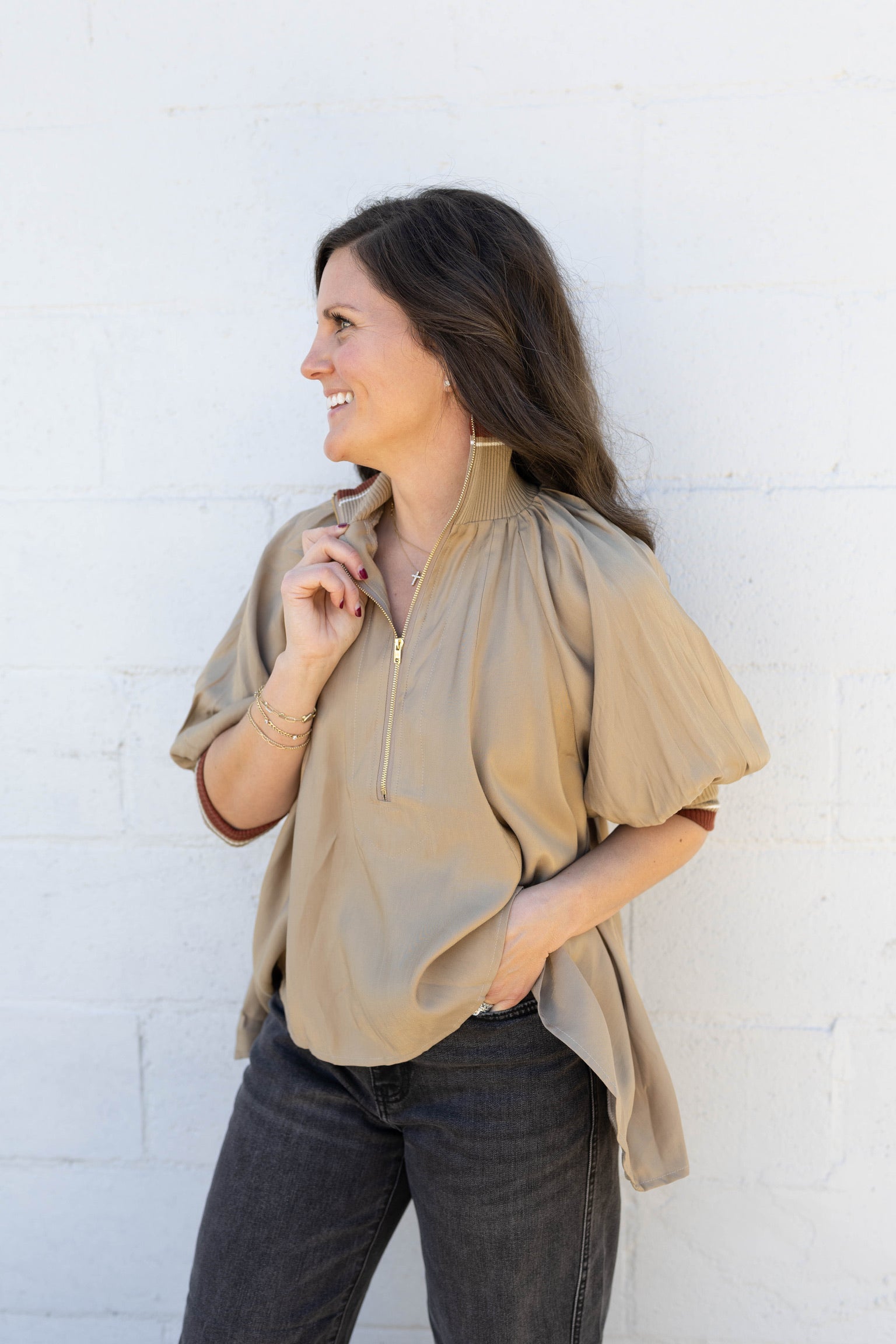 Taupe Stripe Zip Top