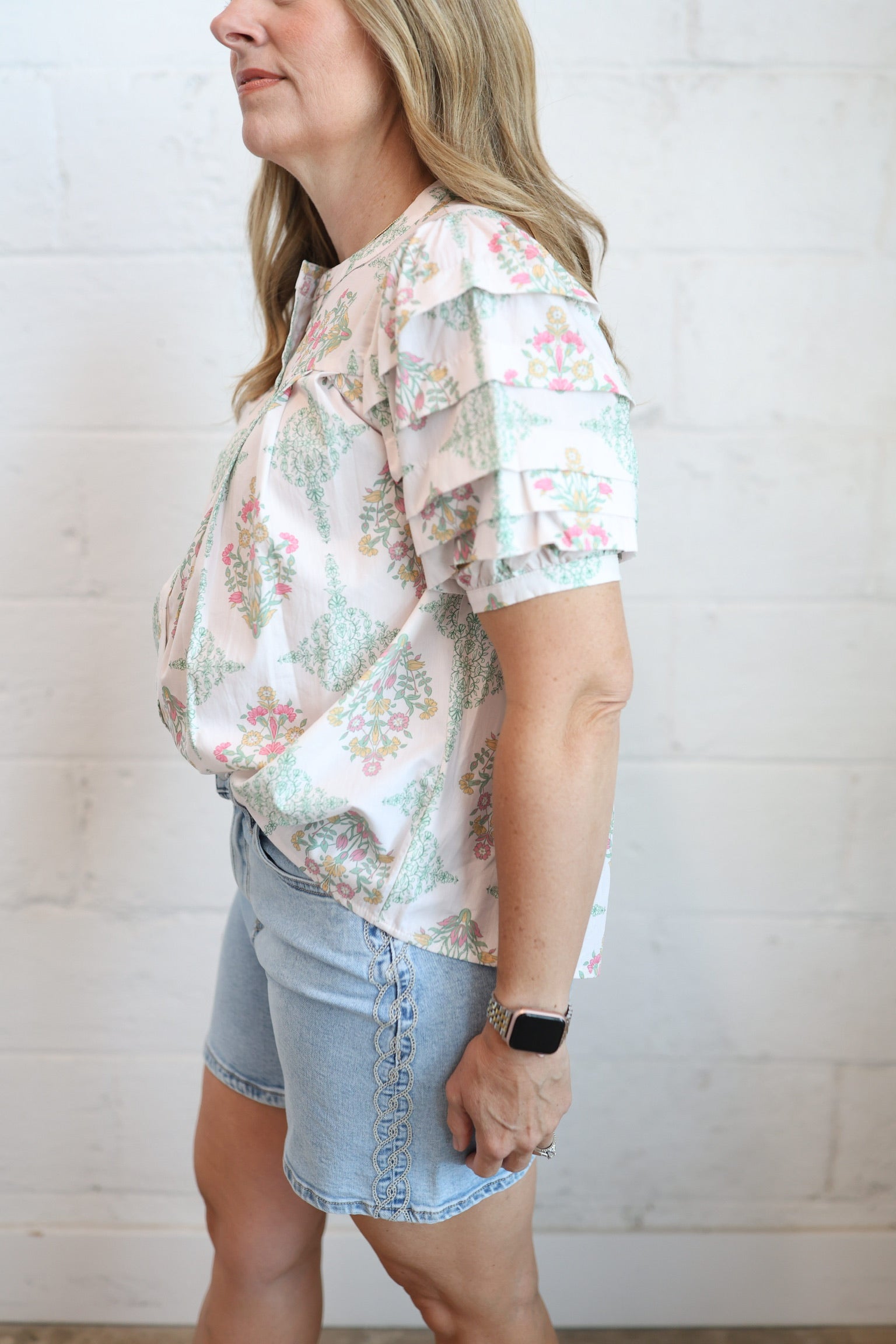 Light Pink Vintage Floral Pleat Top