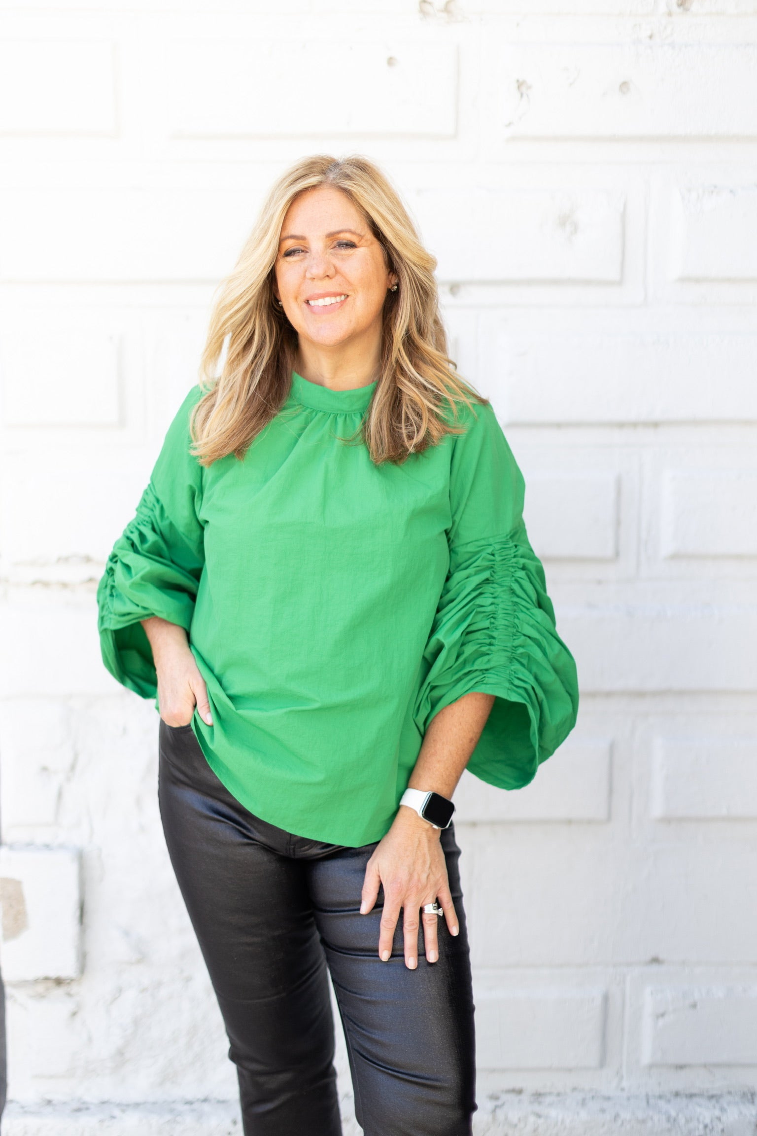 Green Scrunch Sleeve Blouse