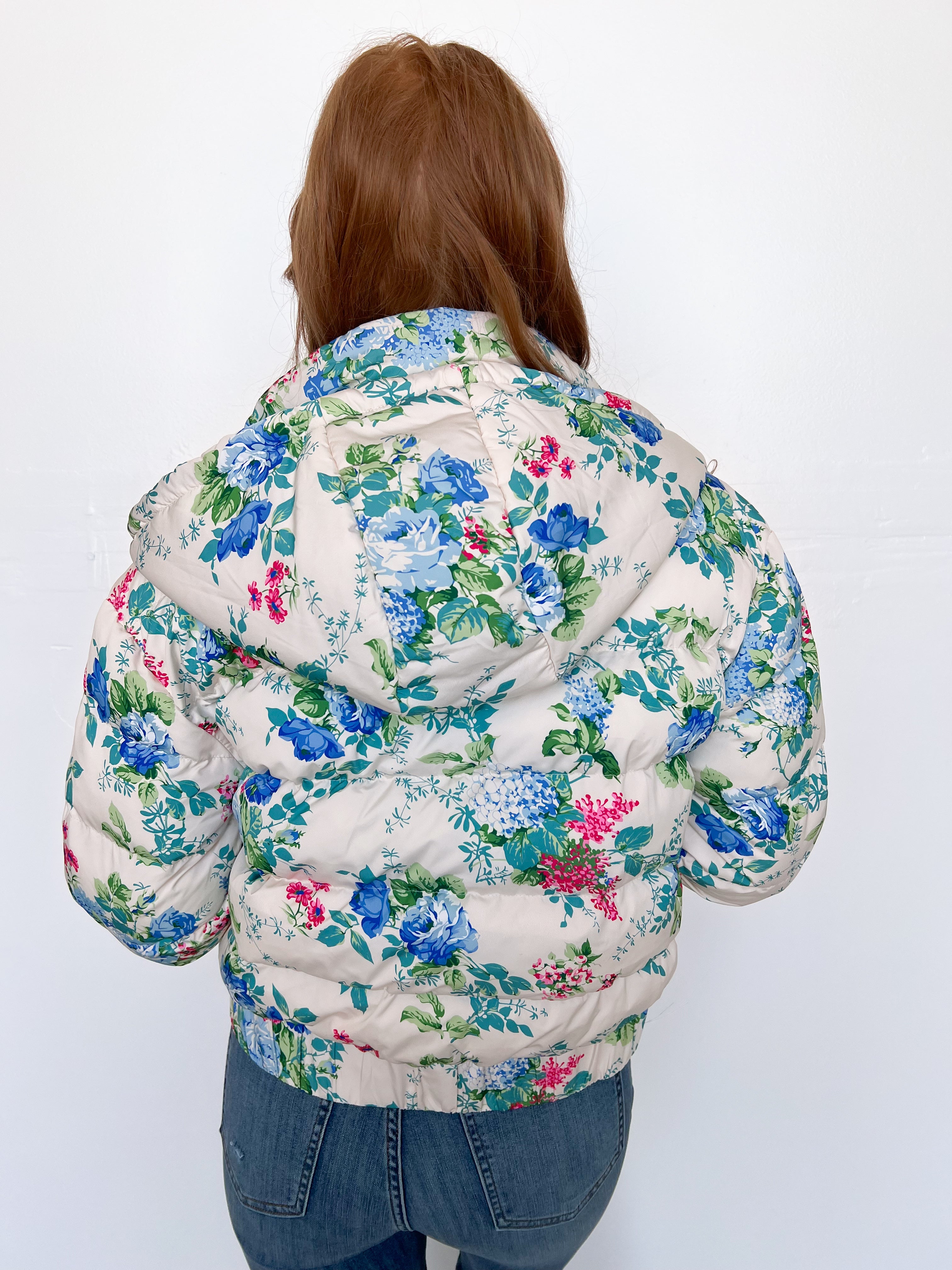 Blue Floral Puffer Jacket