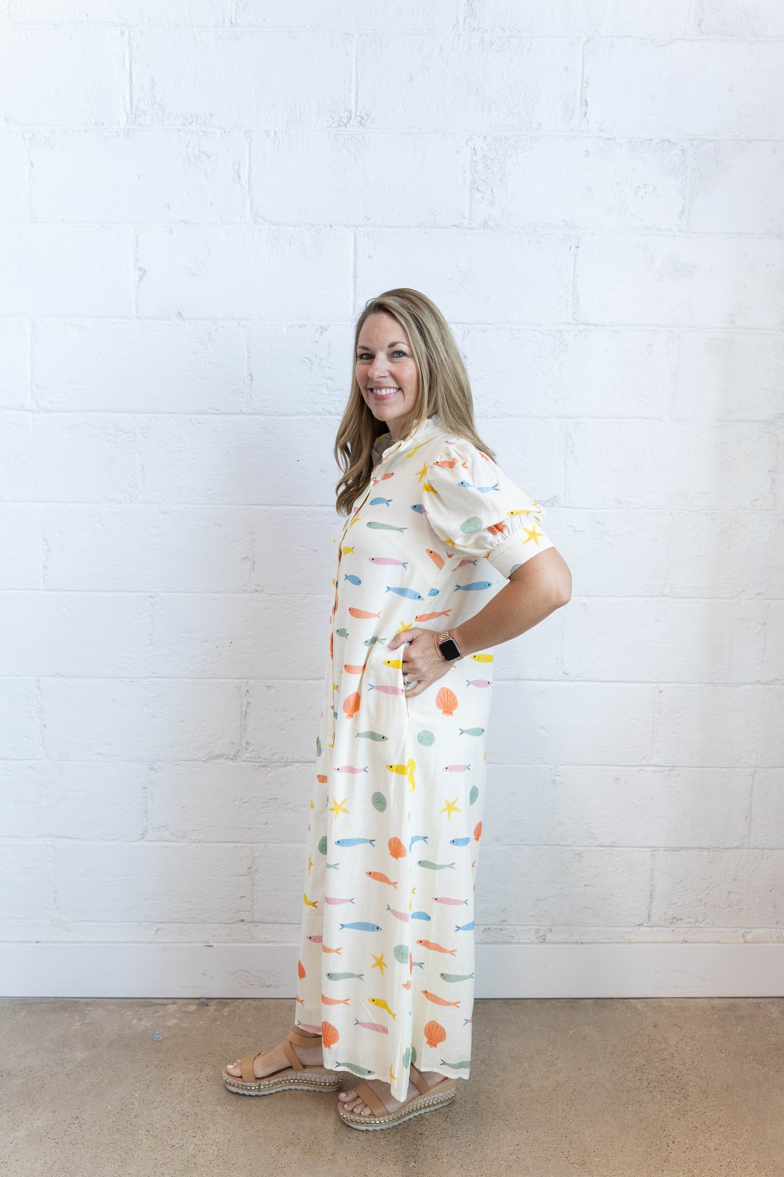 Multi Fish Ruffle Maxi Dress